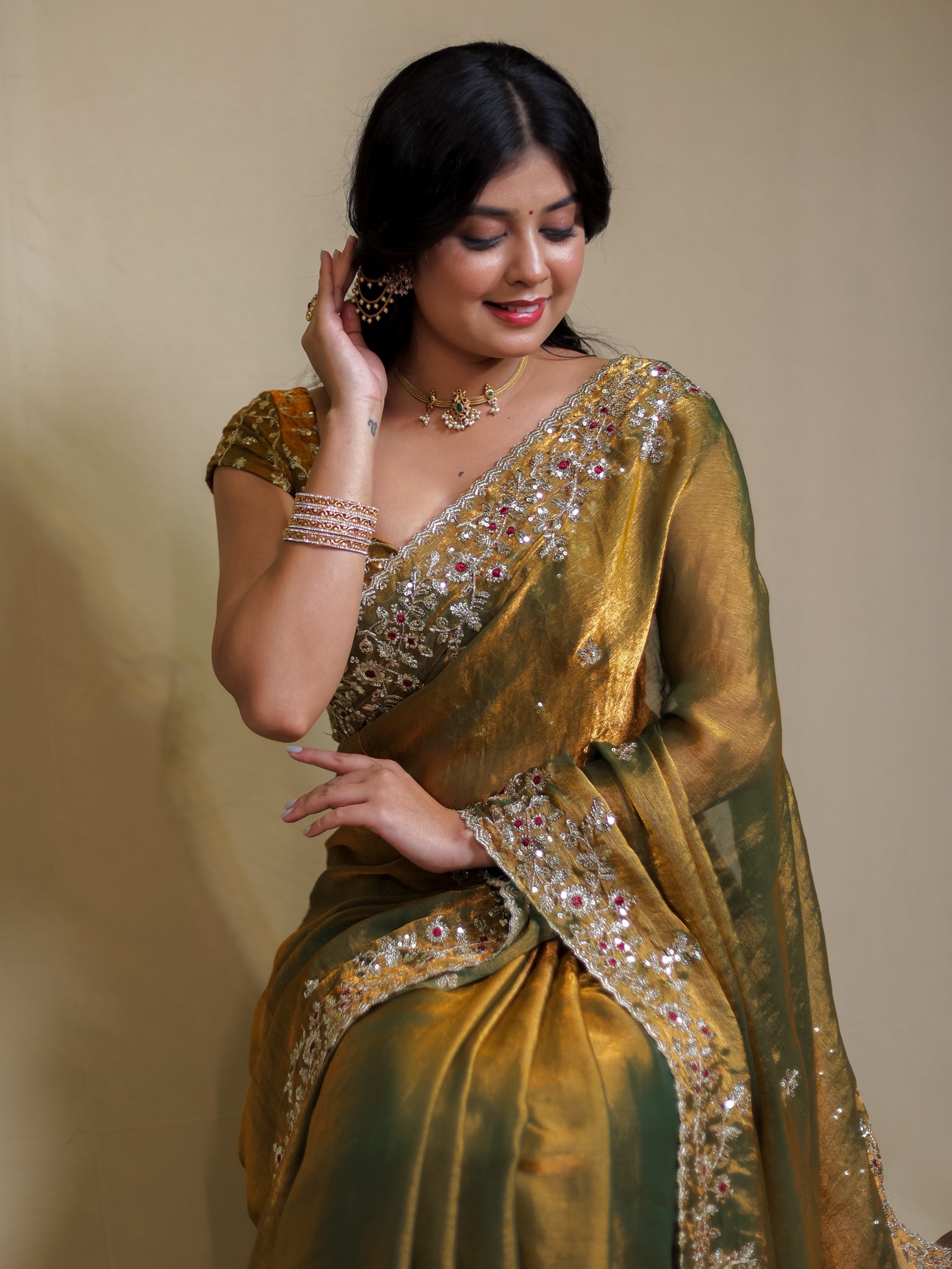 Tissue Embroidered Cocktail Saree- Olive Green