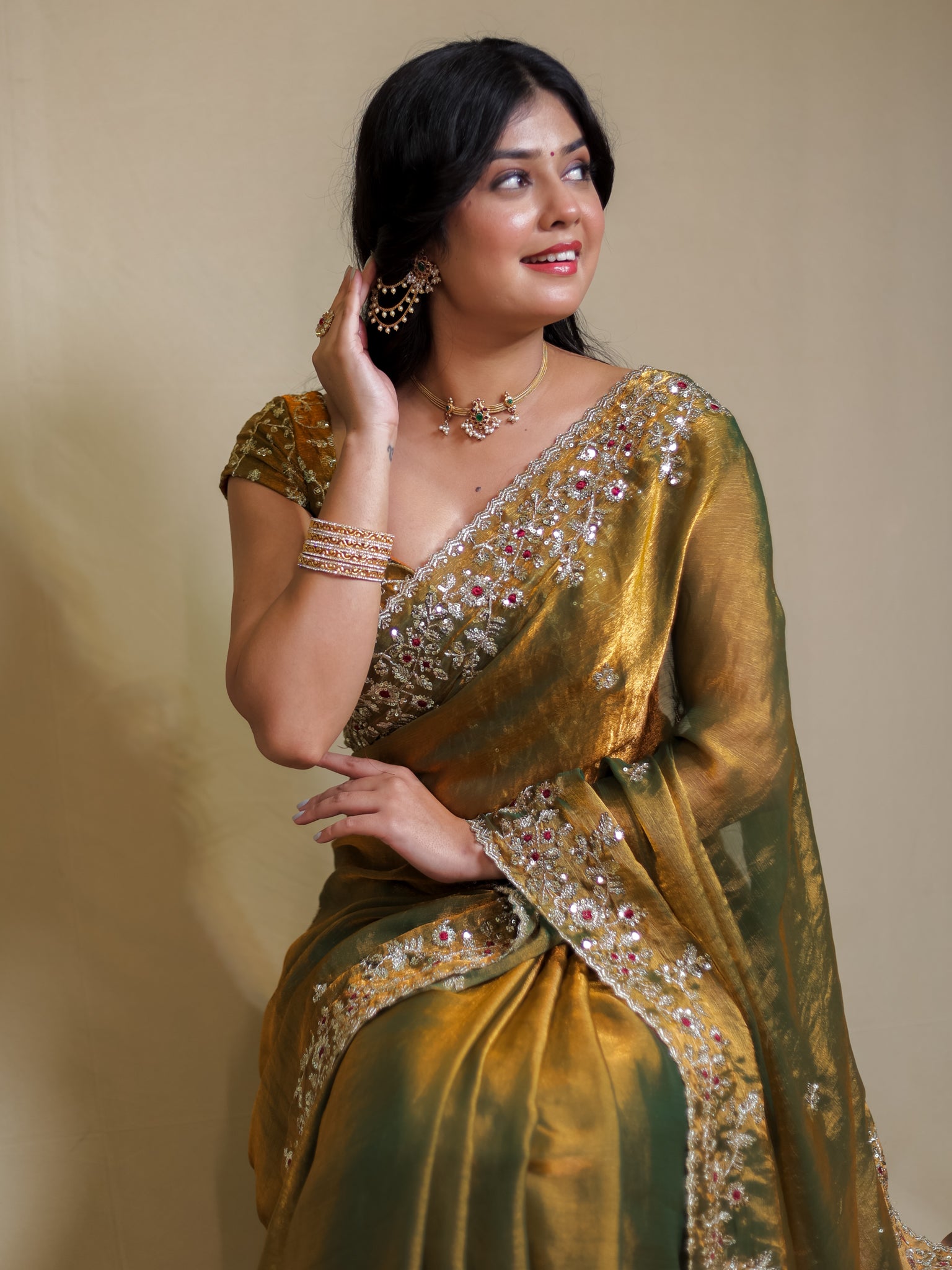 Tissue Embroidered Cocktail Saree- Olive Green