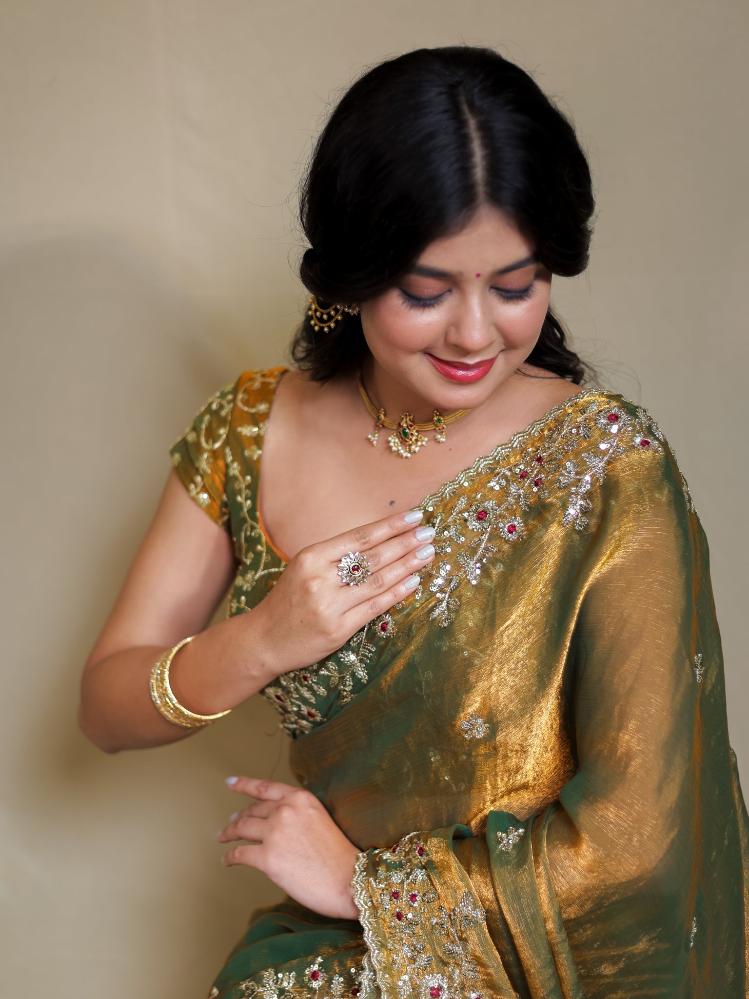 Tissue Embroidered Cocktail Saree- Olive Green