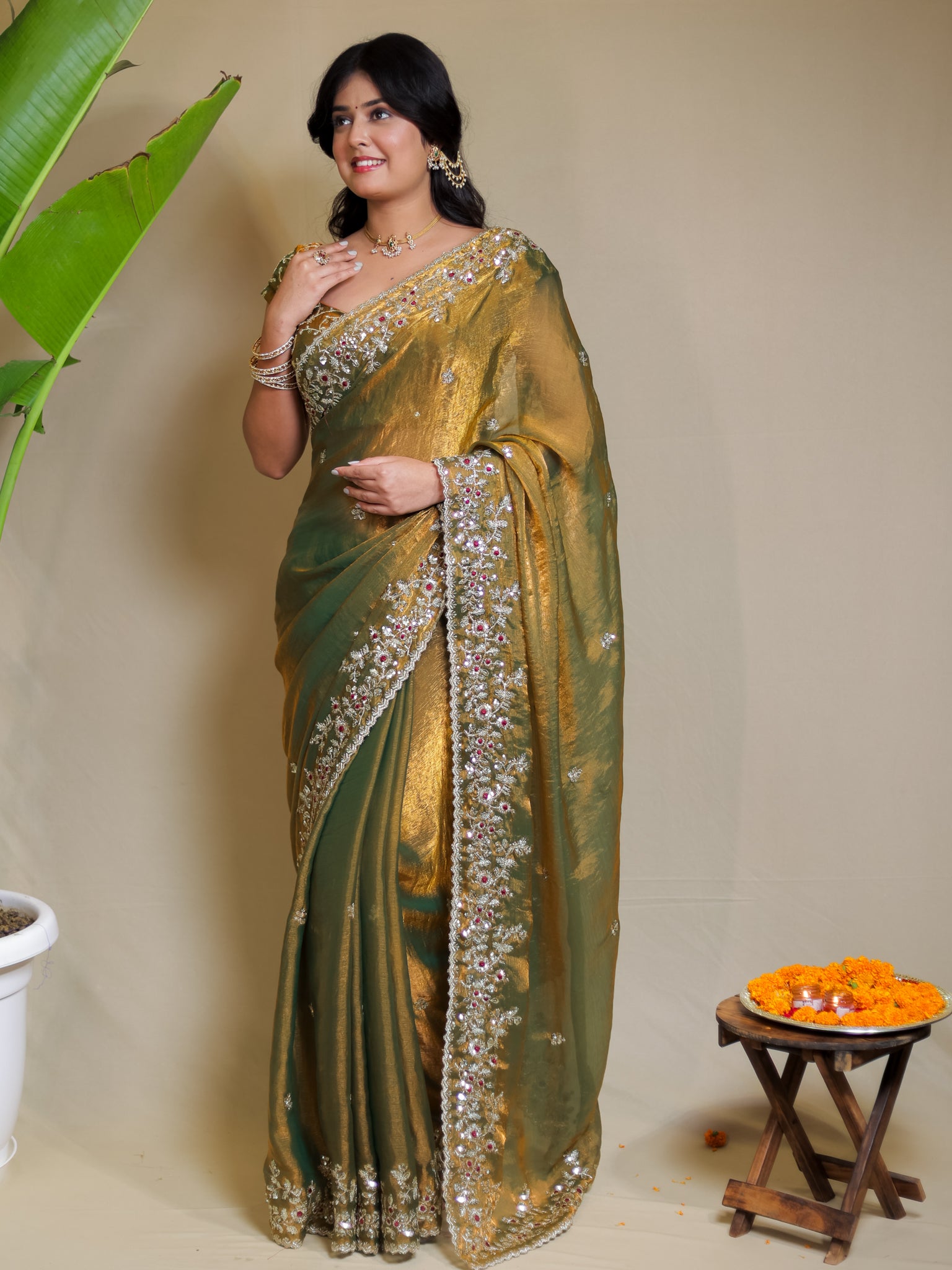 Tissue Embroidered Cocktail Saree- Olive Green