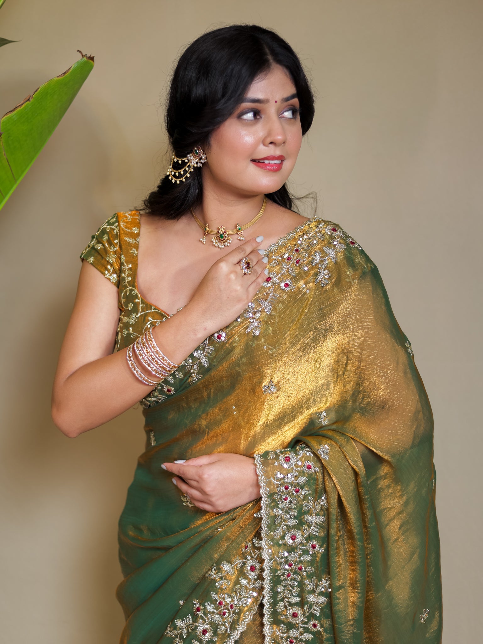 Tissue Embroidered Cocktail Saree- Olive Green