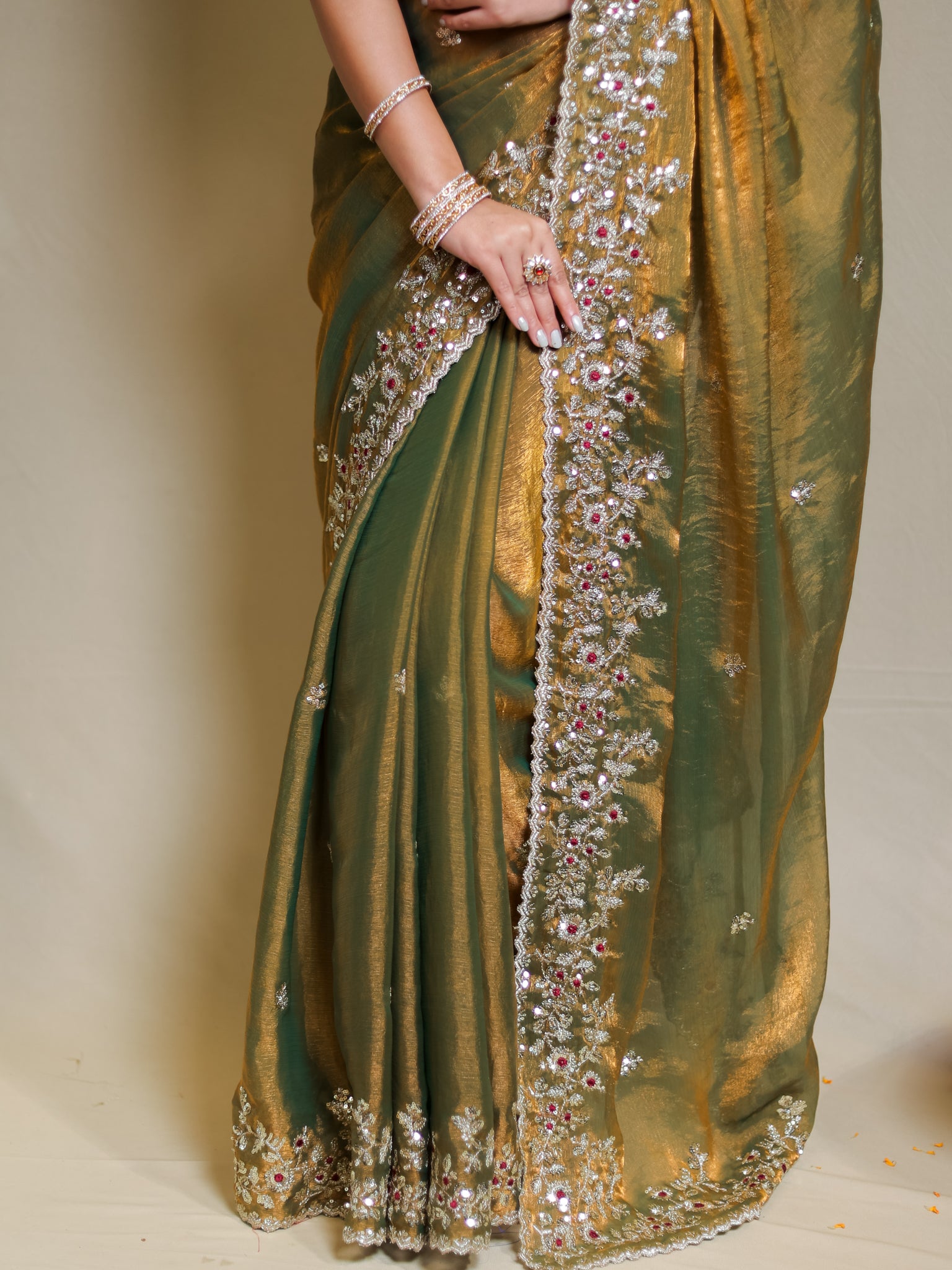 Tissue Embroidered Cocktail Saree- Olive Green