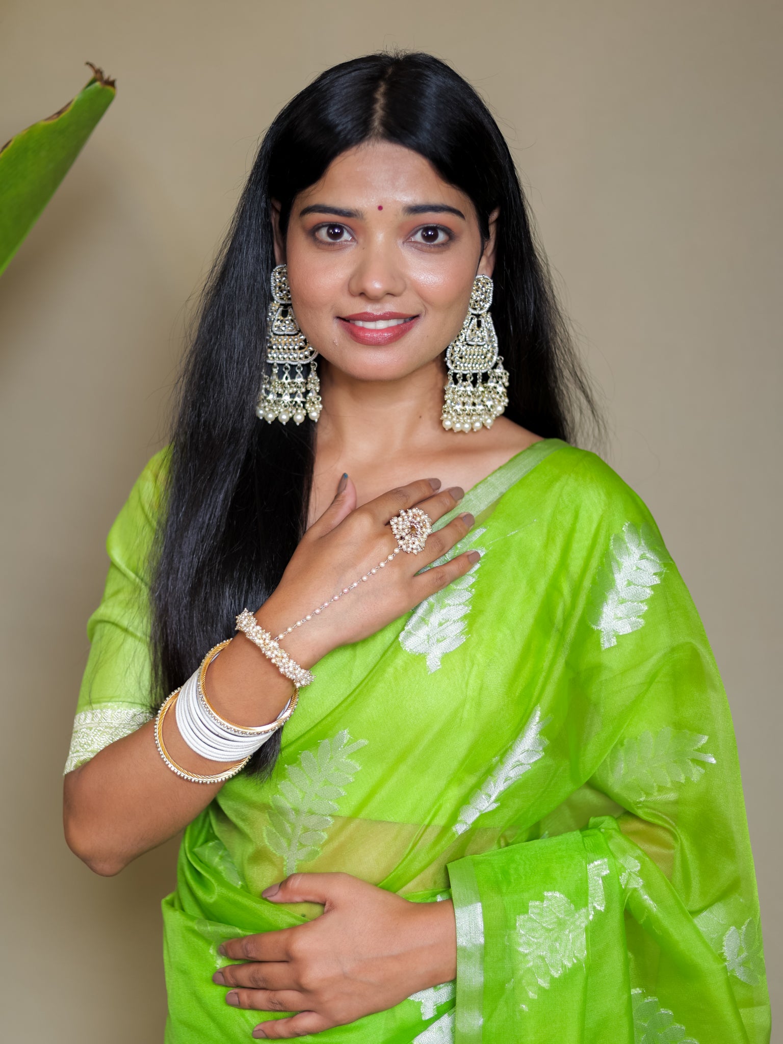 Banarasi Organza Saree With Zari Border- Green