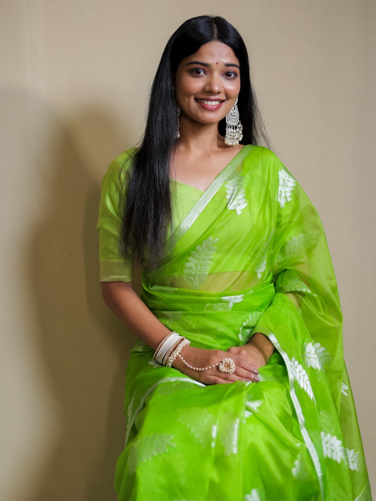Banarasi Organza Saree With Zari Border- Green