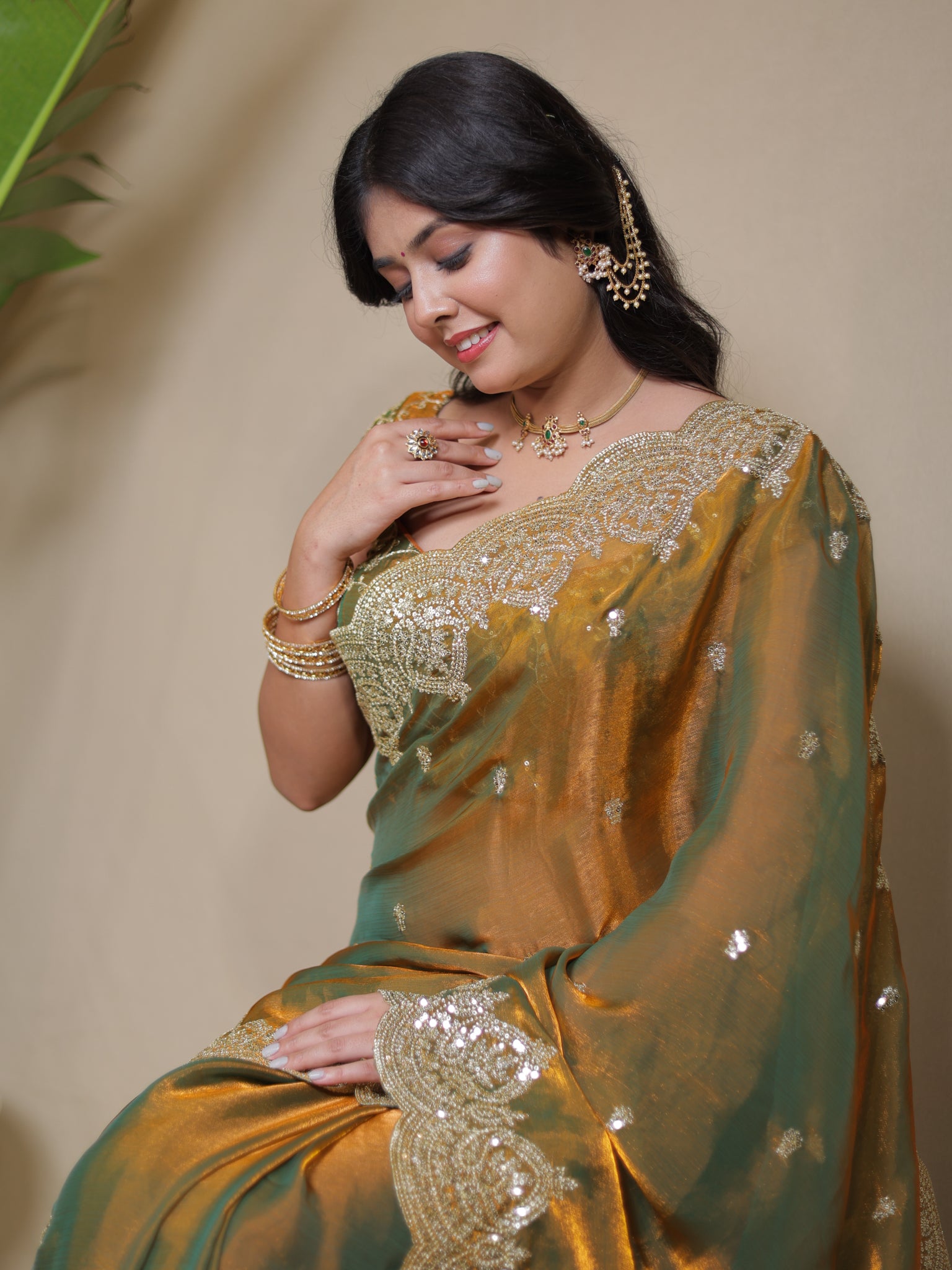 Tissue Sequin Saree With Scallop Border- Mustard Yellow