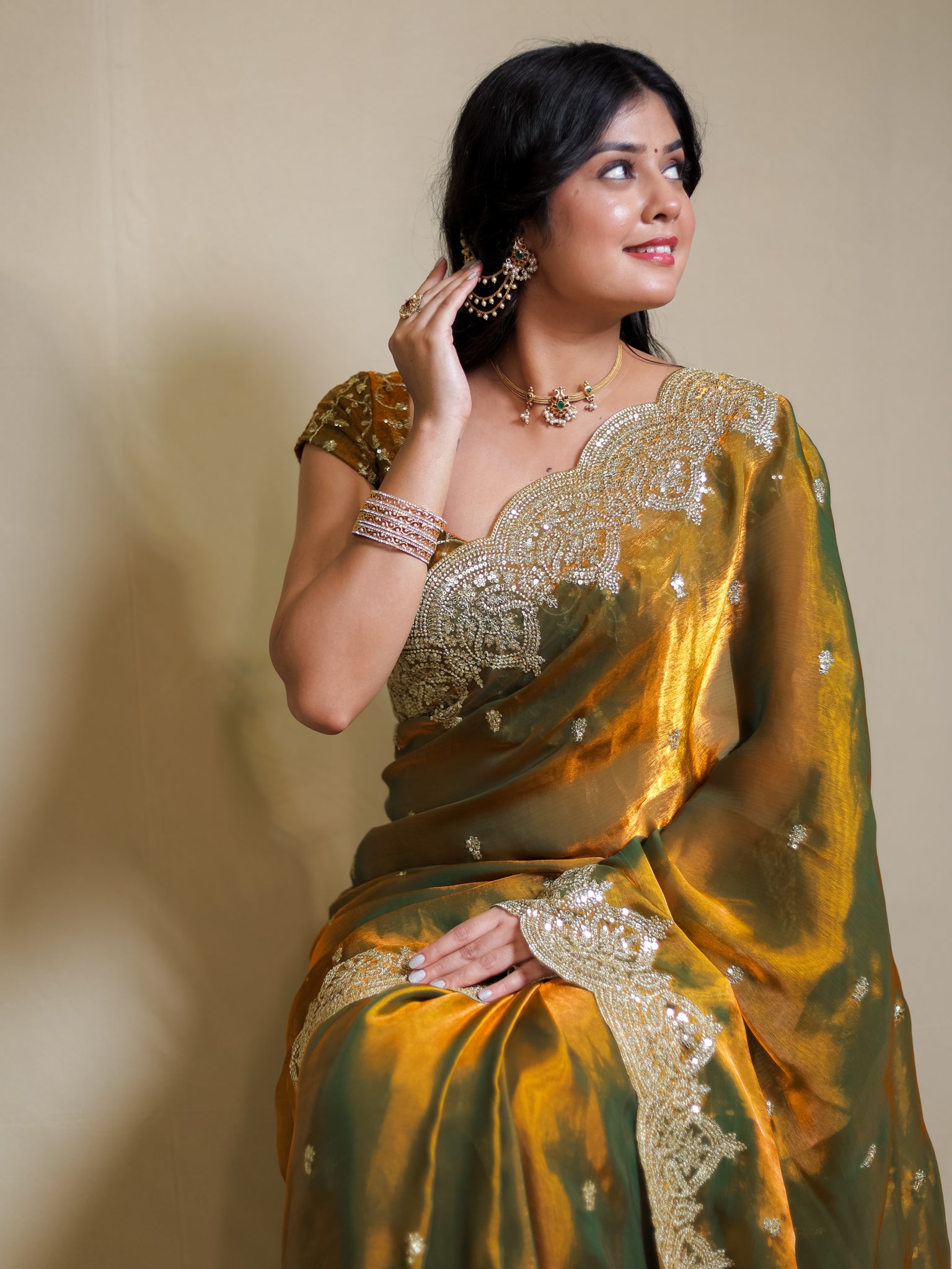 Tissue Sequin Saree With Scallop Border- Mustard Yellow