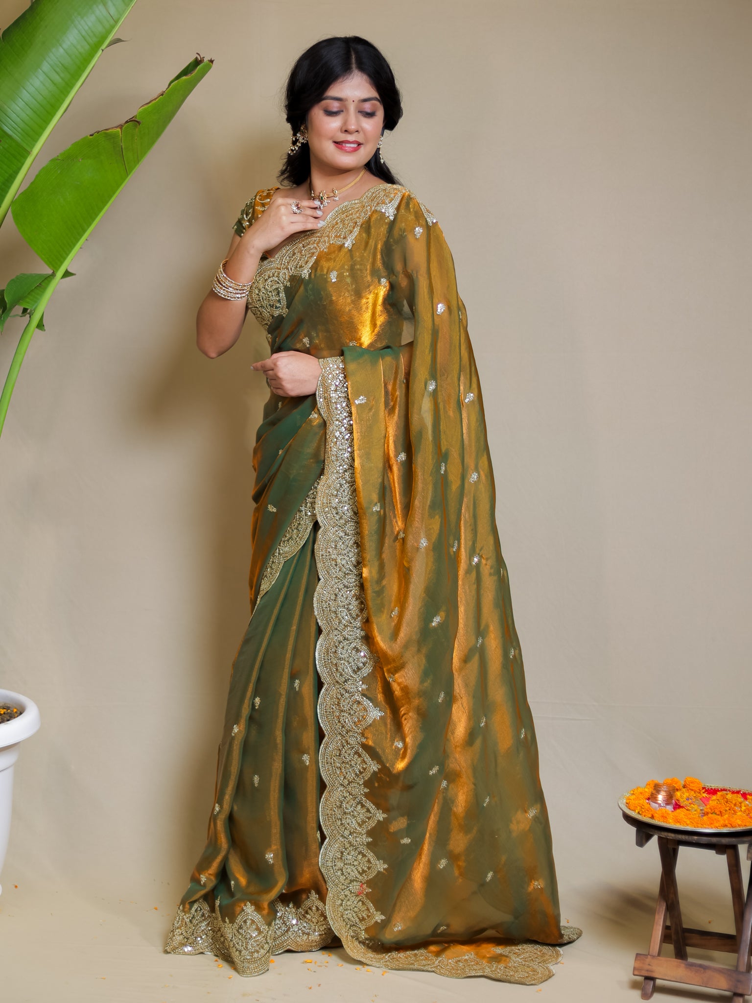 Tissue Sequin Saree With Scallop Border- Mustard Yellow