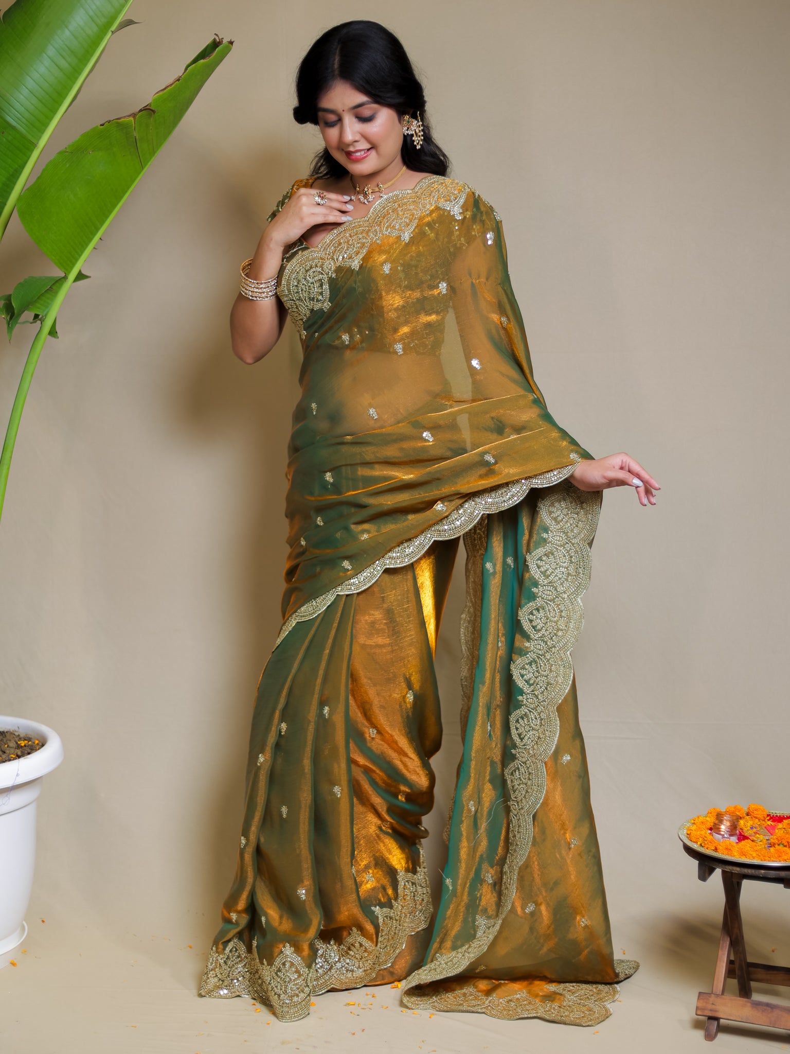 Tissue Sequin Saree With Scallop Border- Mustard Yellow