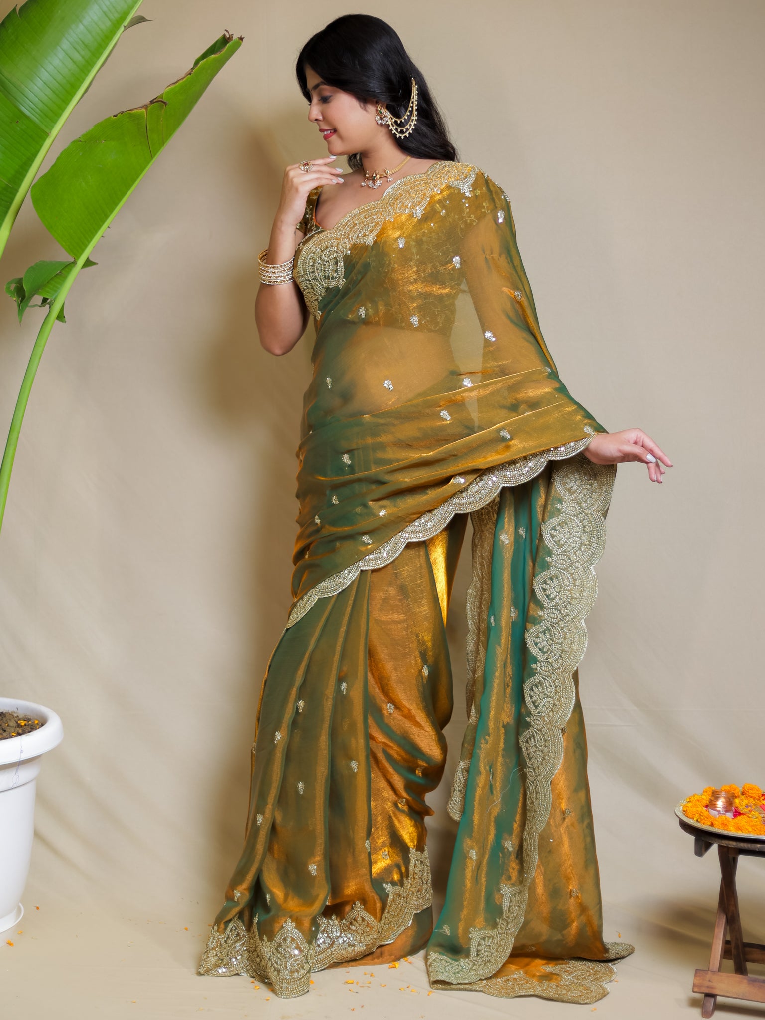 Tissue Sequin Saree With Scallop Border- Mustard Yellow