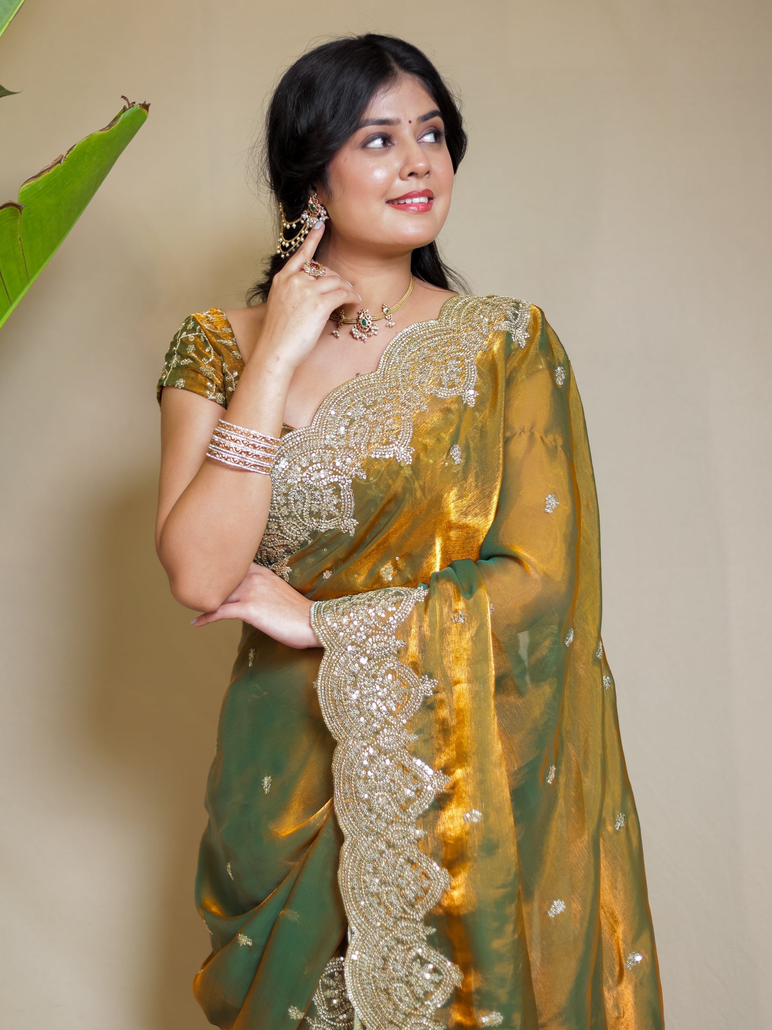 Tissue Sequin Saree With Scallop Border- Mustard Yellow