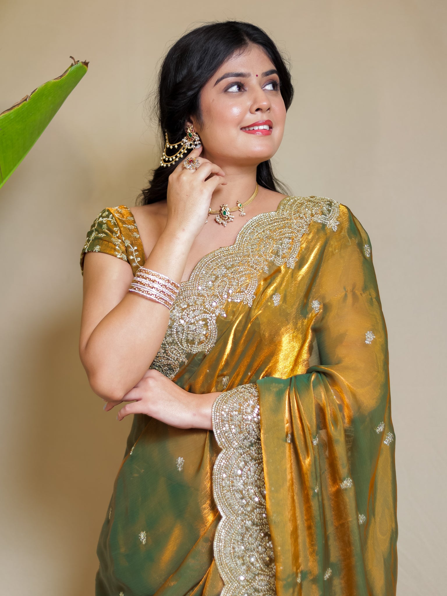 Tissue Sequin Saree With Scallop Border- Mustard Yellow