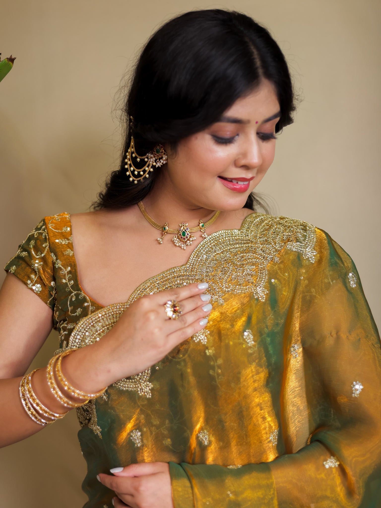 Tissue Sequin Saree With Scallop Border- Mustard Yellow