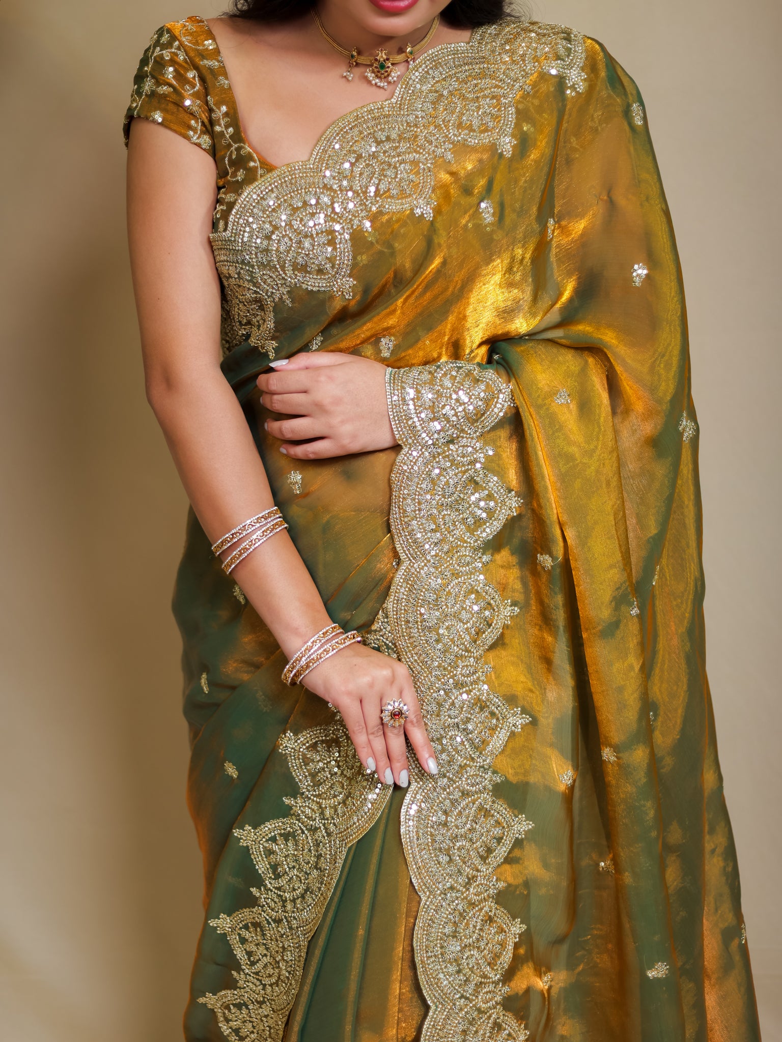 Tissue Sequin Saree With Scallop Border- Mustard Yellow