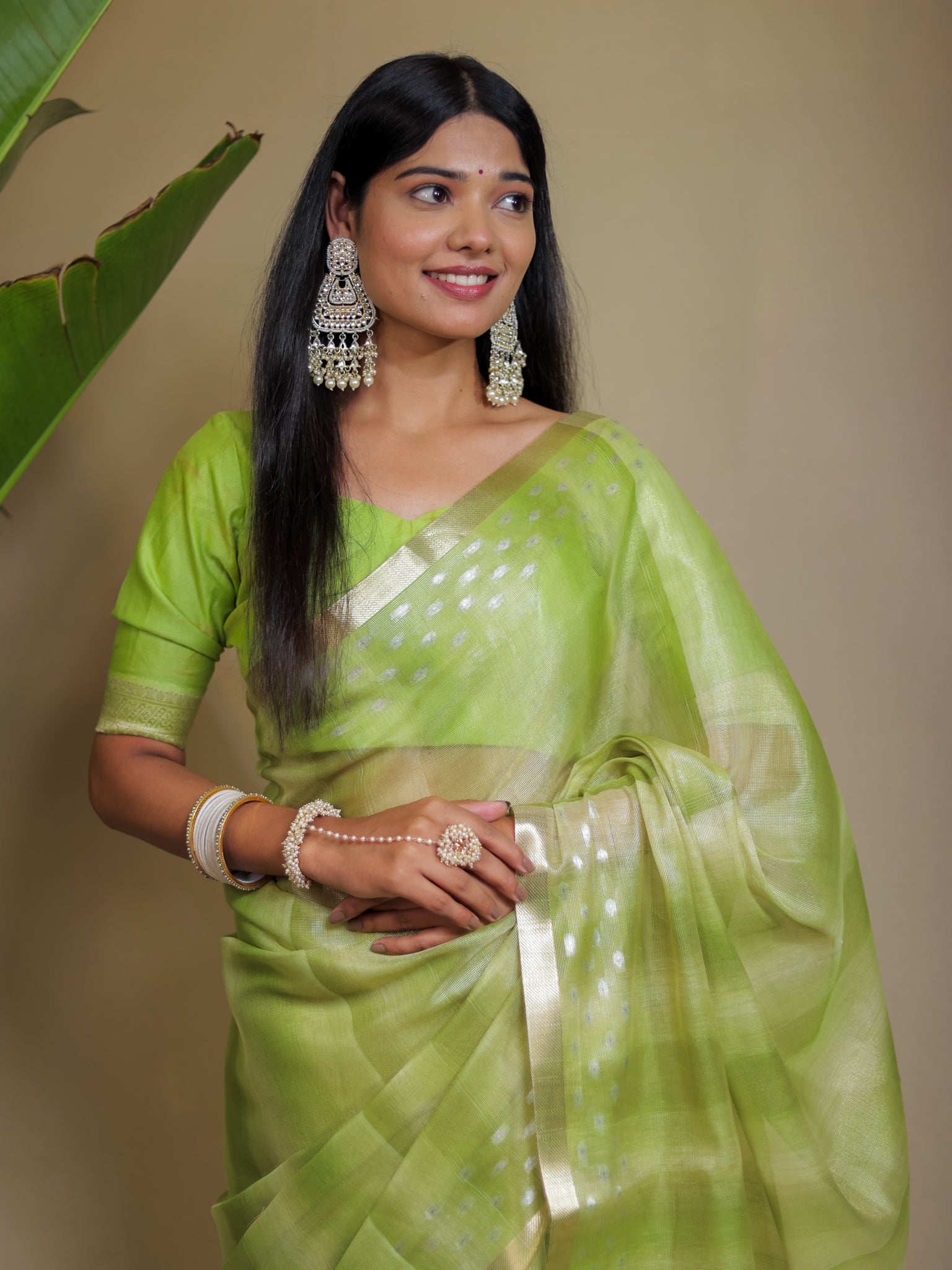 Banarasi Cotton Linen Saree With Resham Weaving & Zari Border- Green