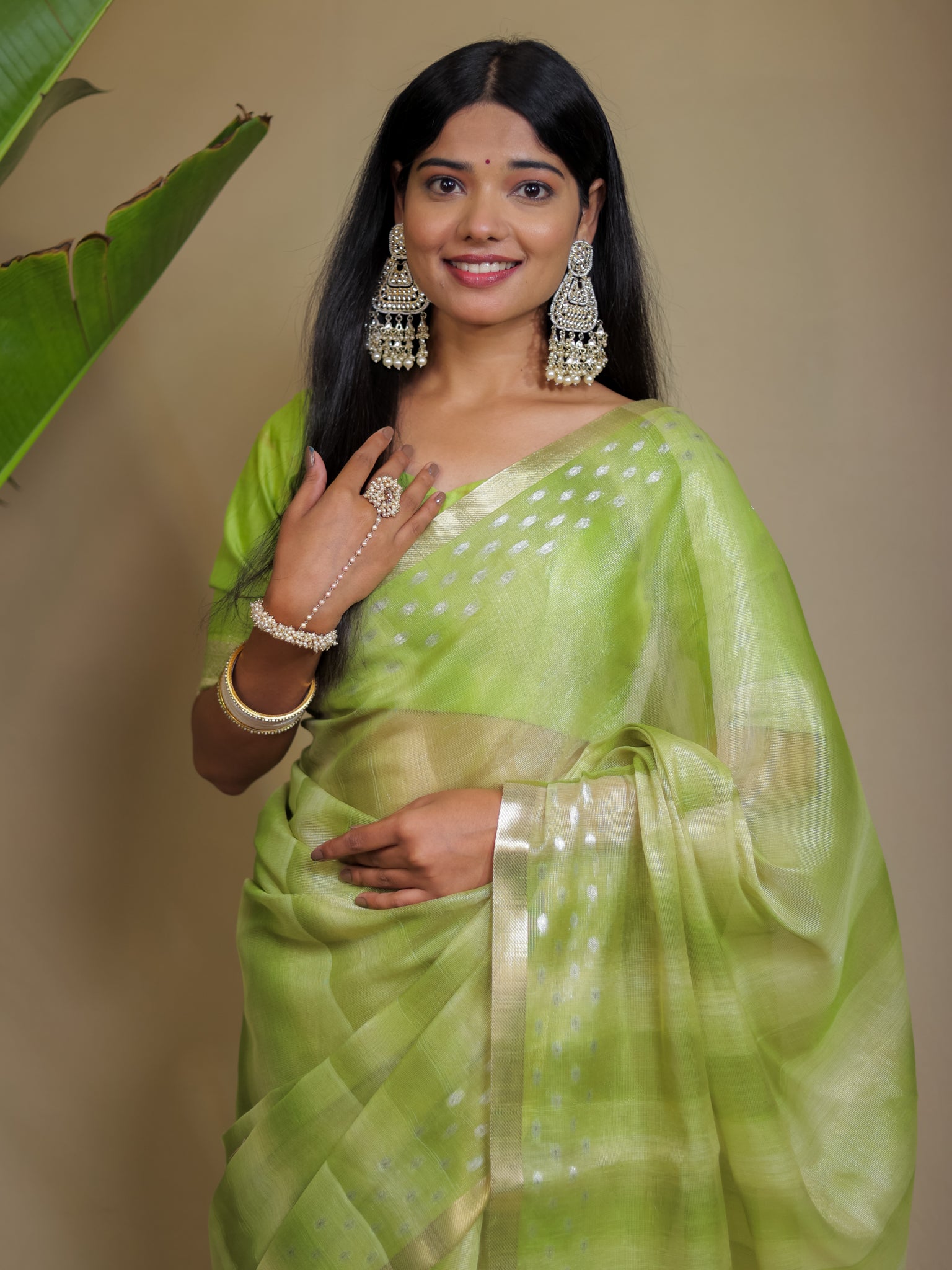 Banarasi Cotton Linen Saree With Resham Weaving & Zari Border- Green