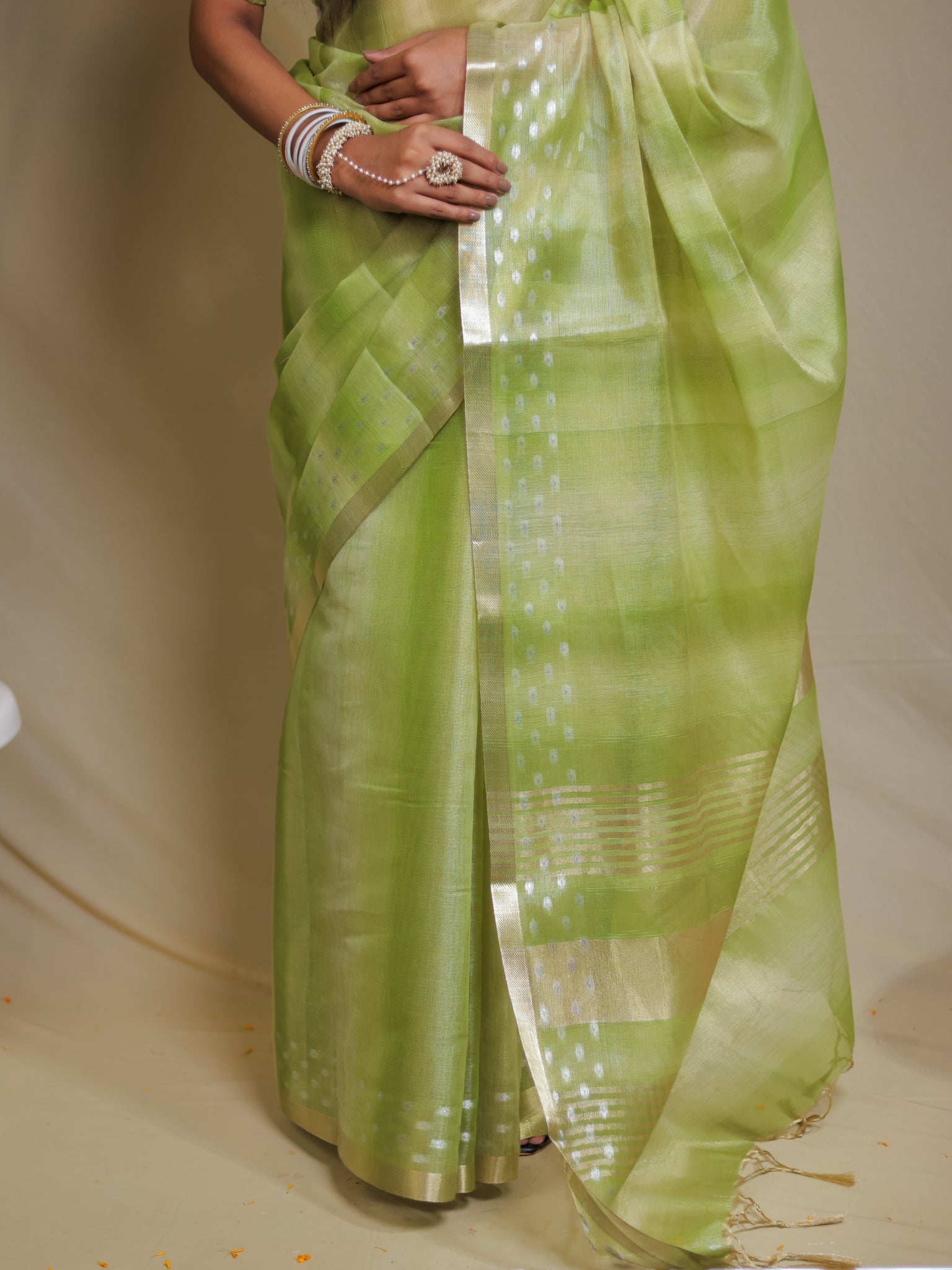Banarasi Cotton Linen Saree With Resham Weaving & Zari Border- Green
