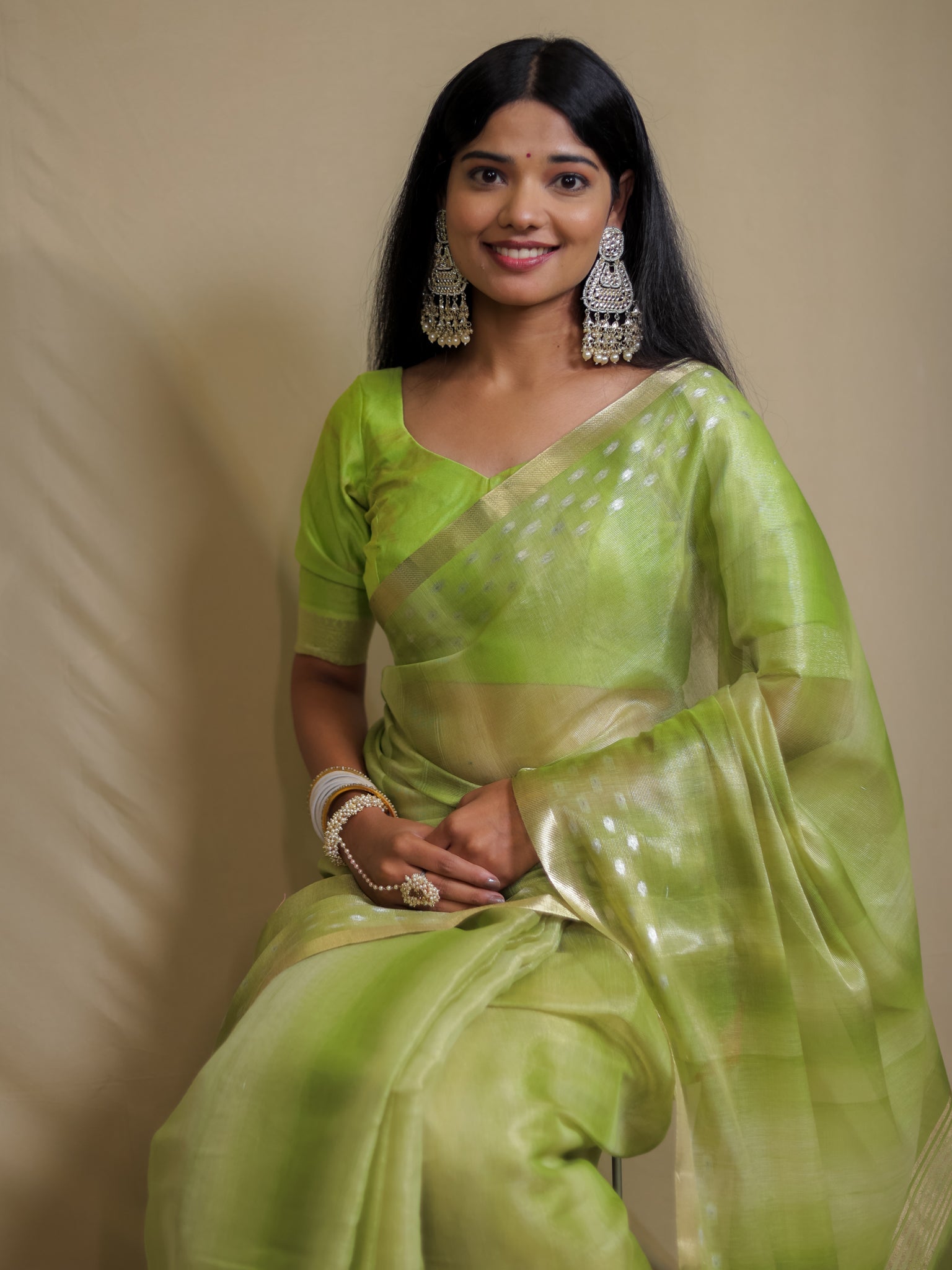 Banarasi Cotton Linen Saree With Resham Weaving & Zari Border- Green