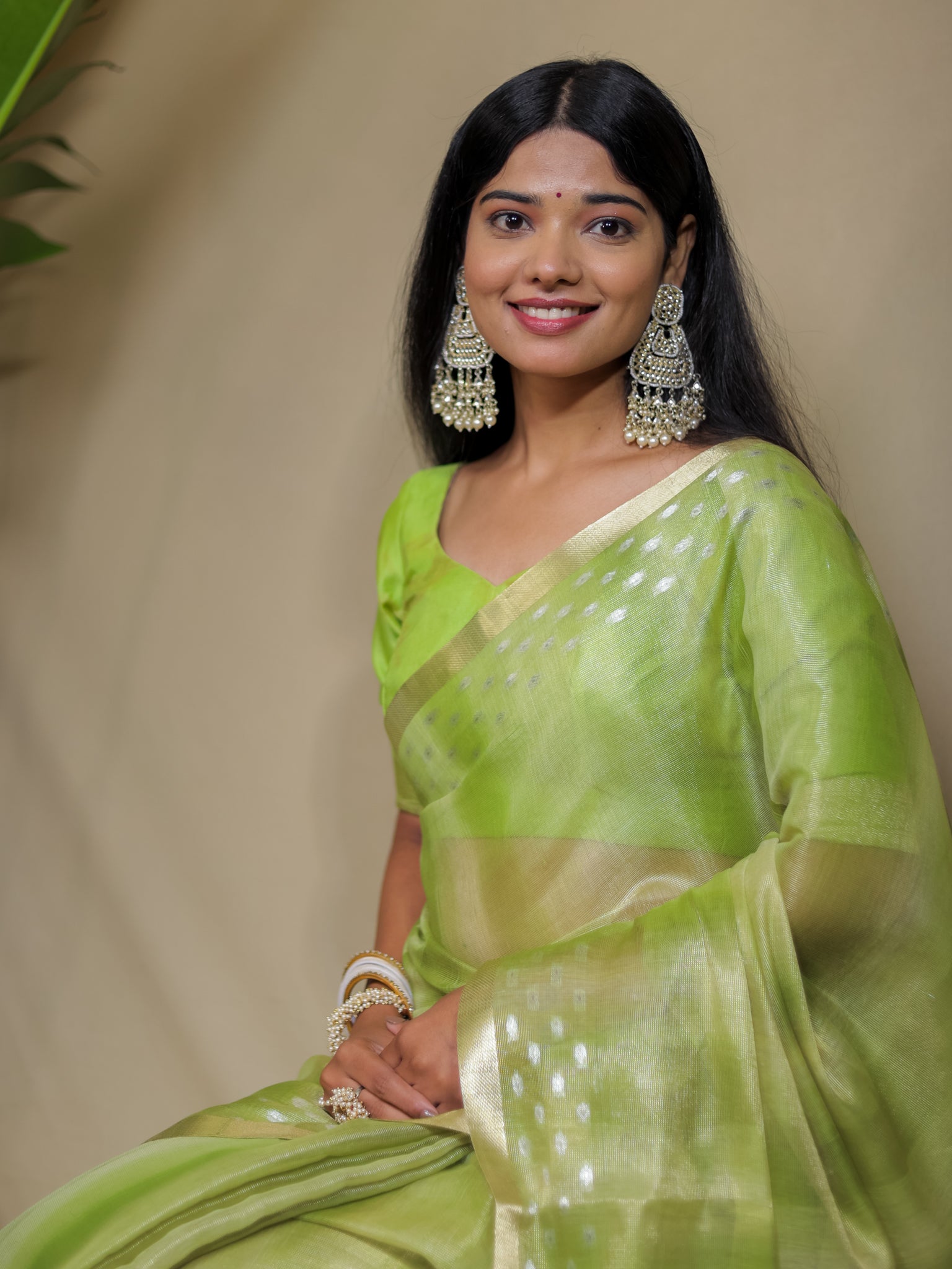 Banarasi Cotton Linen Saree With Resham Weaving & Zari Border- Green