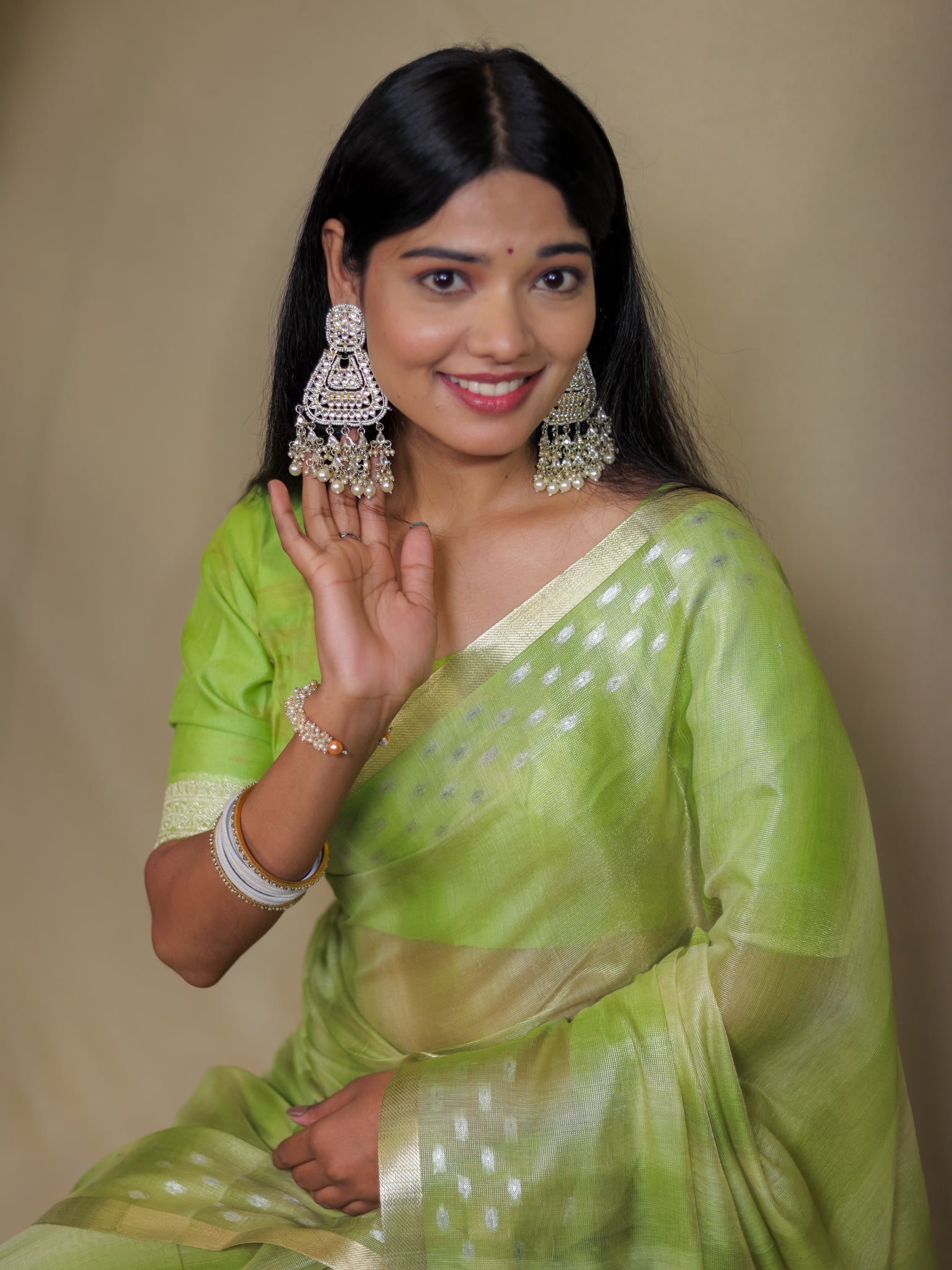 Banarasi Cotton Linen Saree With Resham Weaving & Zari Border- Green