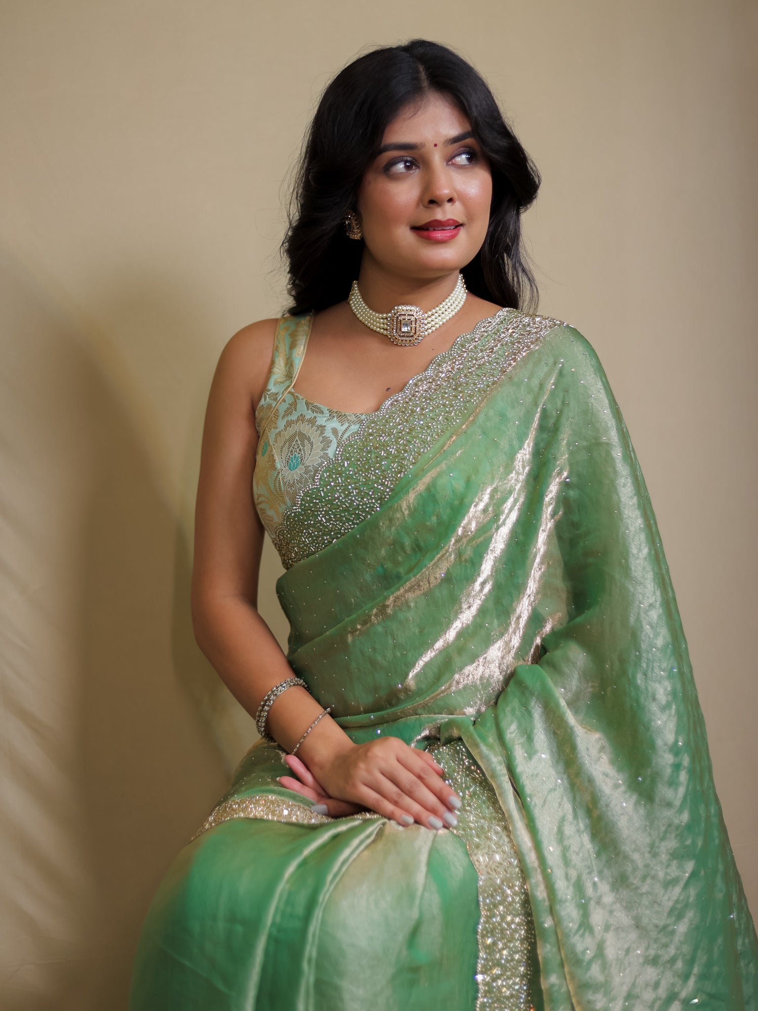 Tissue Sequin Saree - Pastel Green