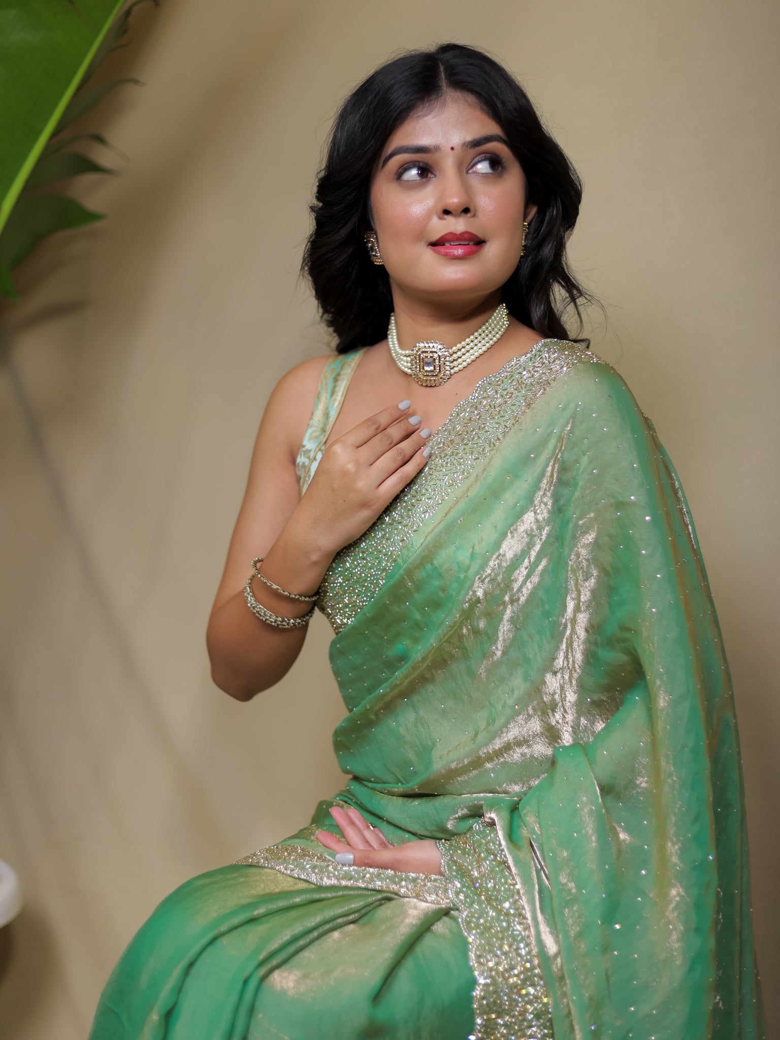 Tissue Sequin Saree - Pastel Green