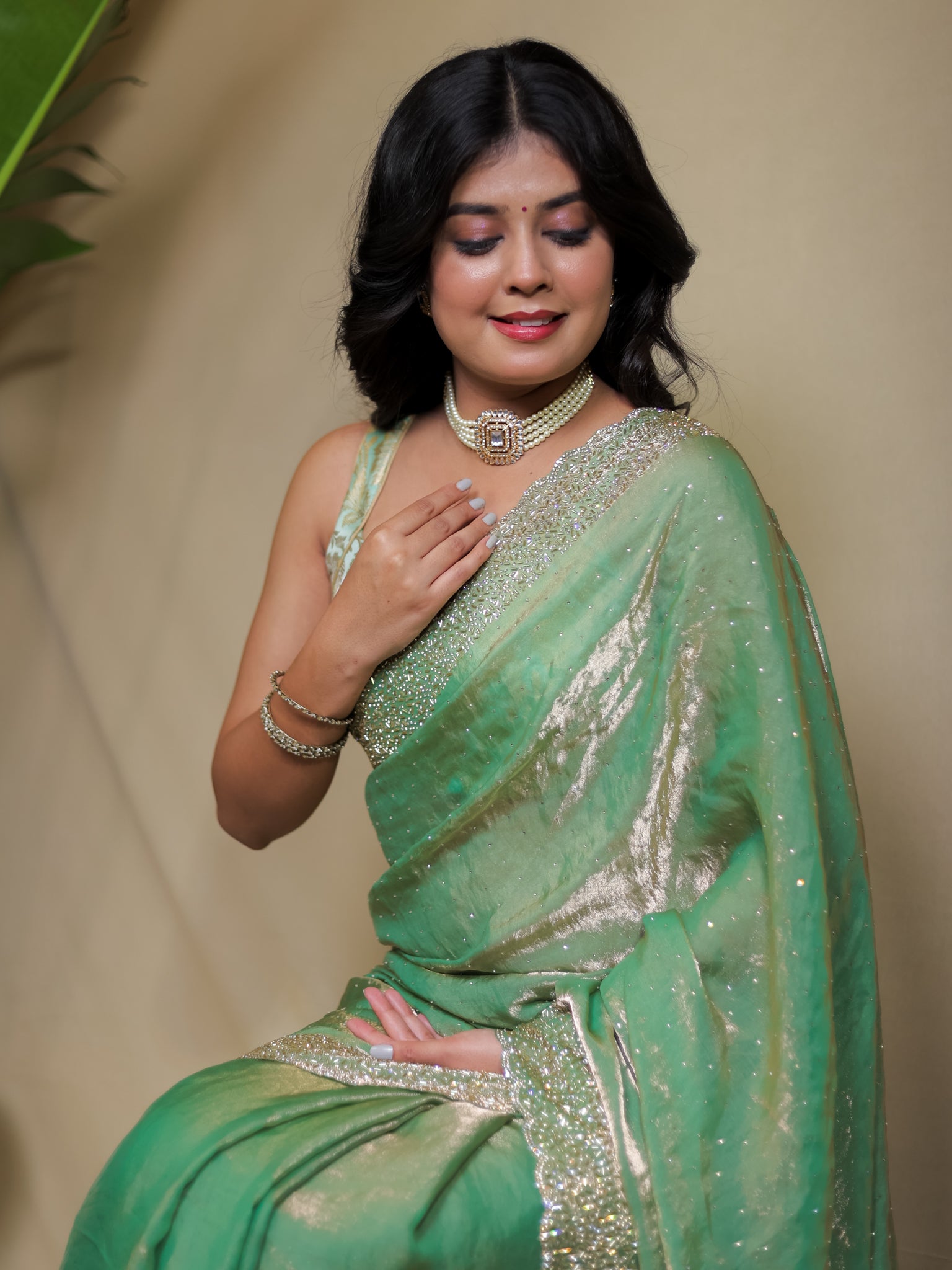 Tissue Sequin Saree - Pastel Green