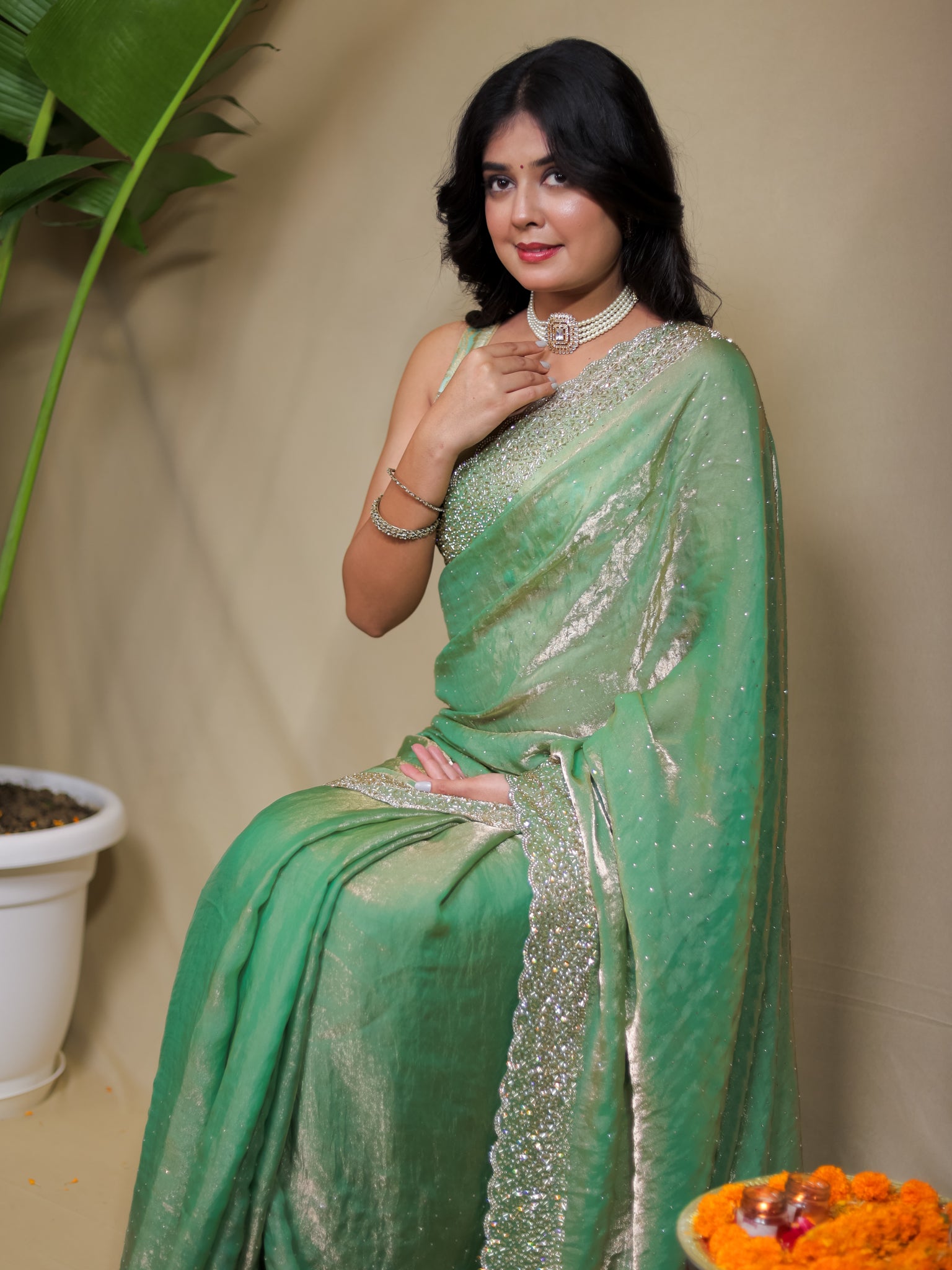 Tissue Sequin Saree - Pastel Green
