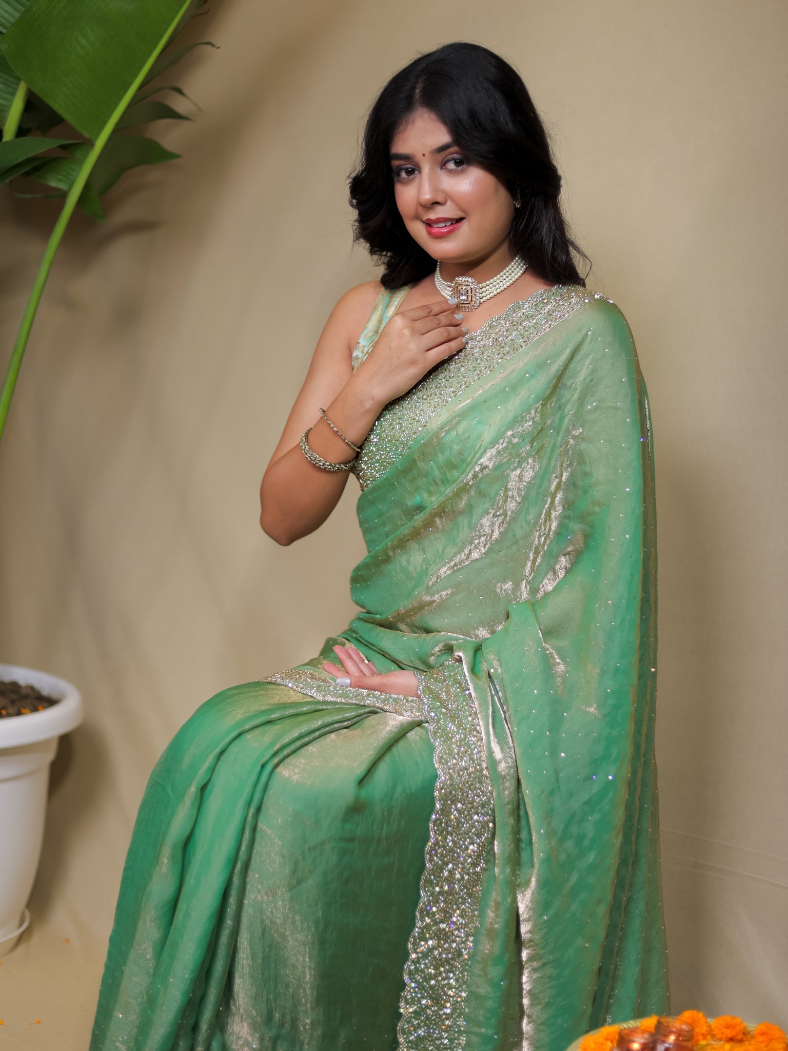 Tissue Sequin Saree - Pastel Green