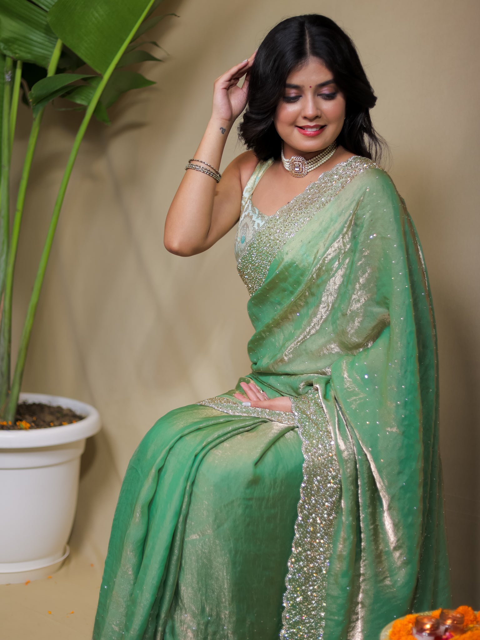 Tissue Sequin Saree - Pastel Green