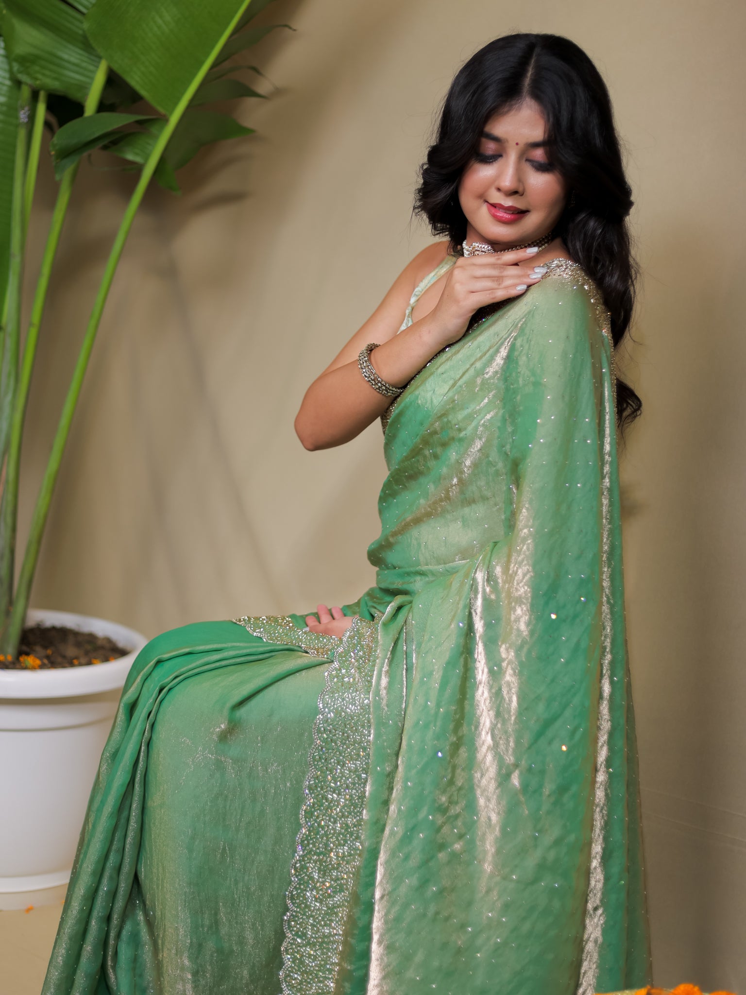 Tissue Sequin Saree - Pastel Green