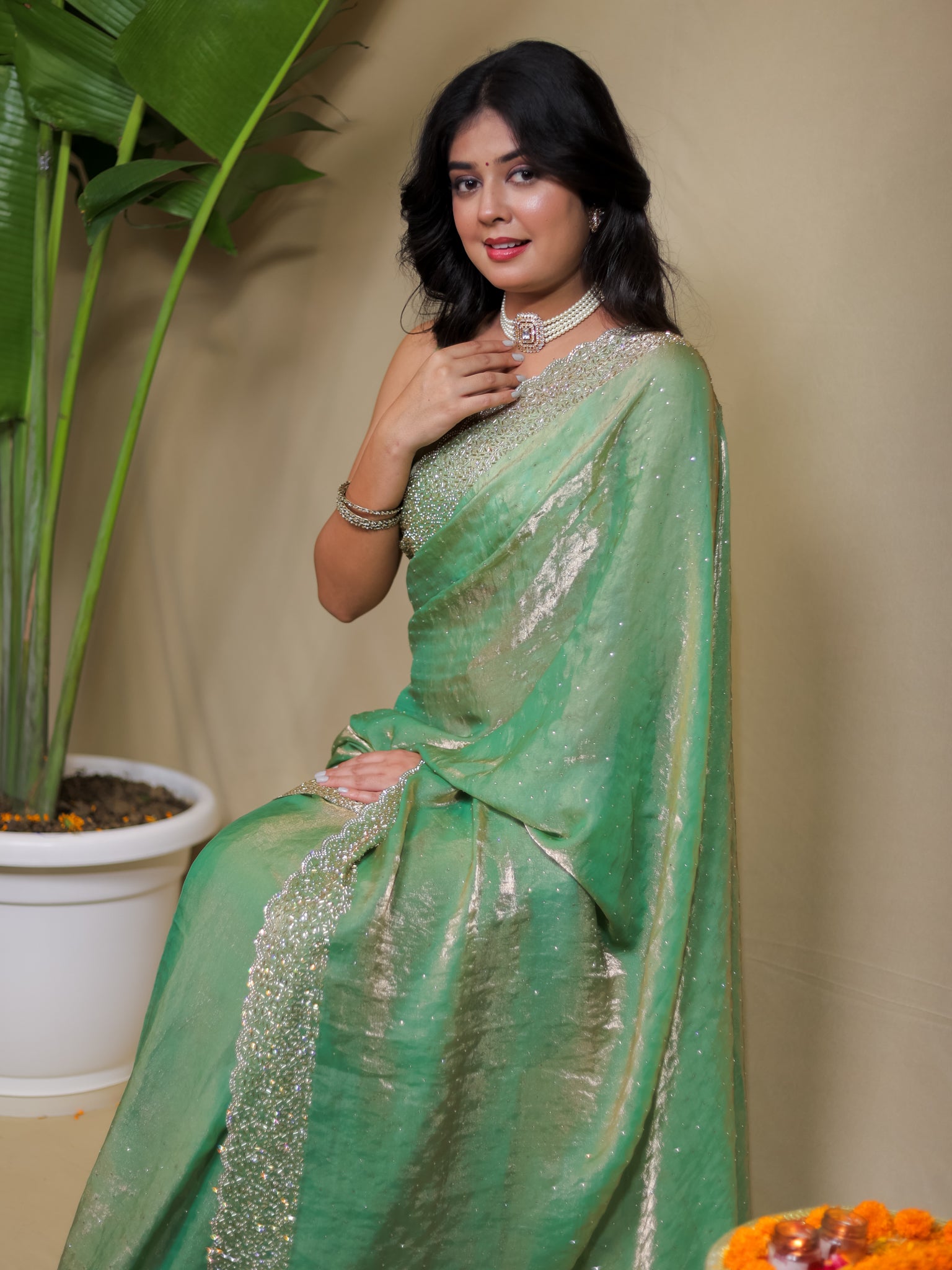Tissue Sequin Saree - Pastel Green