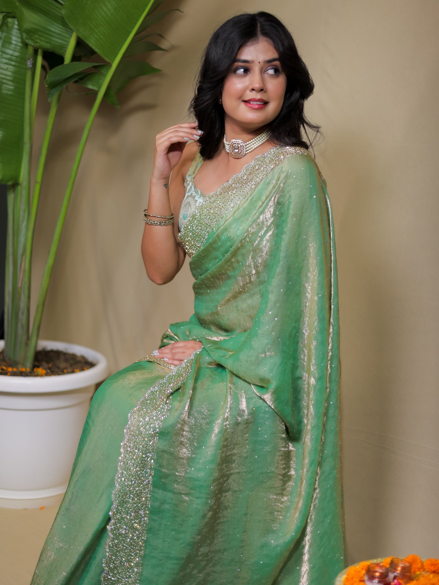 Tissue Sequin Saree - Pastel Green