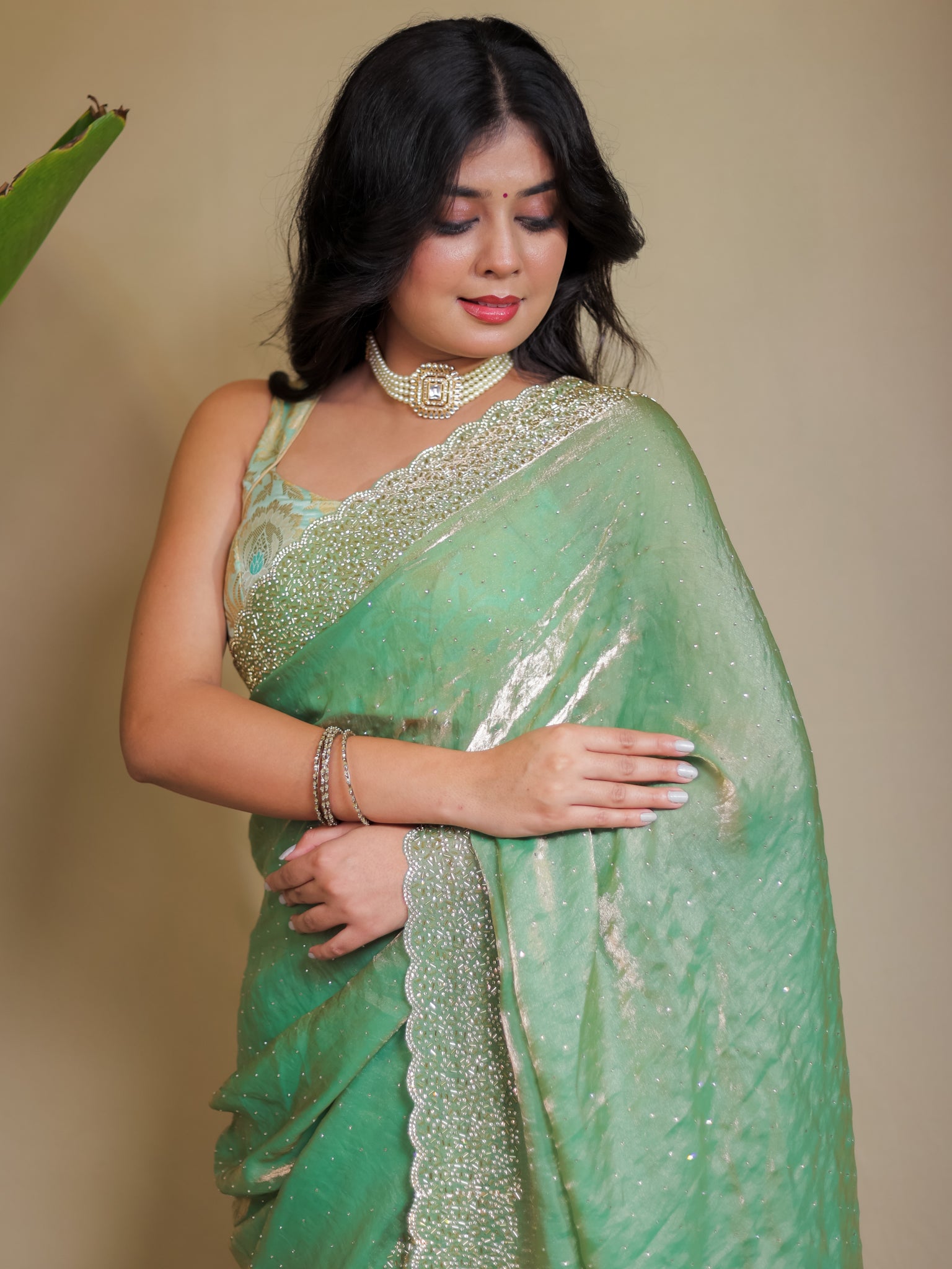 Tissue Sequin Saree - Pastel Green