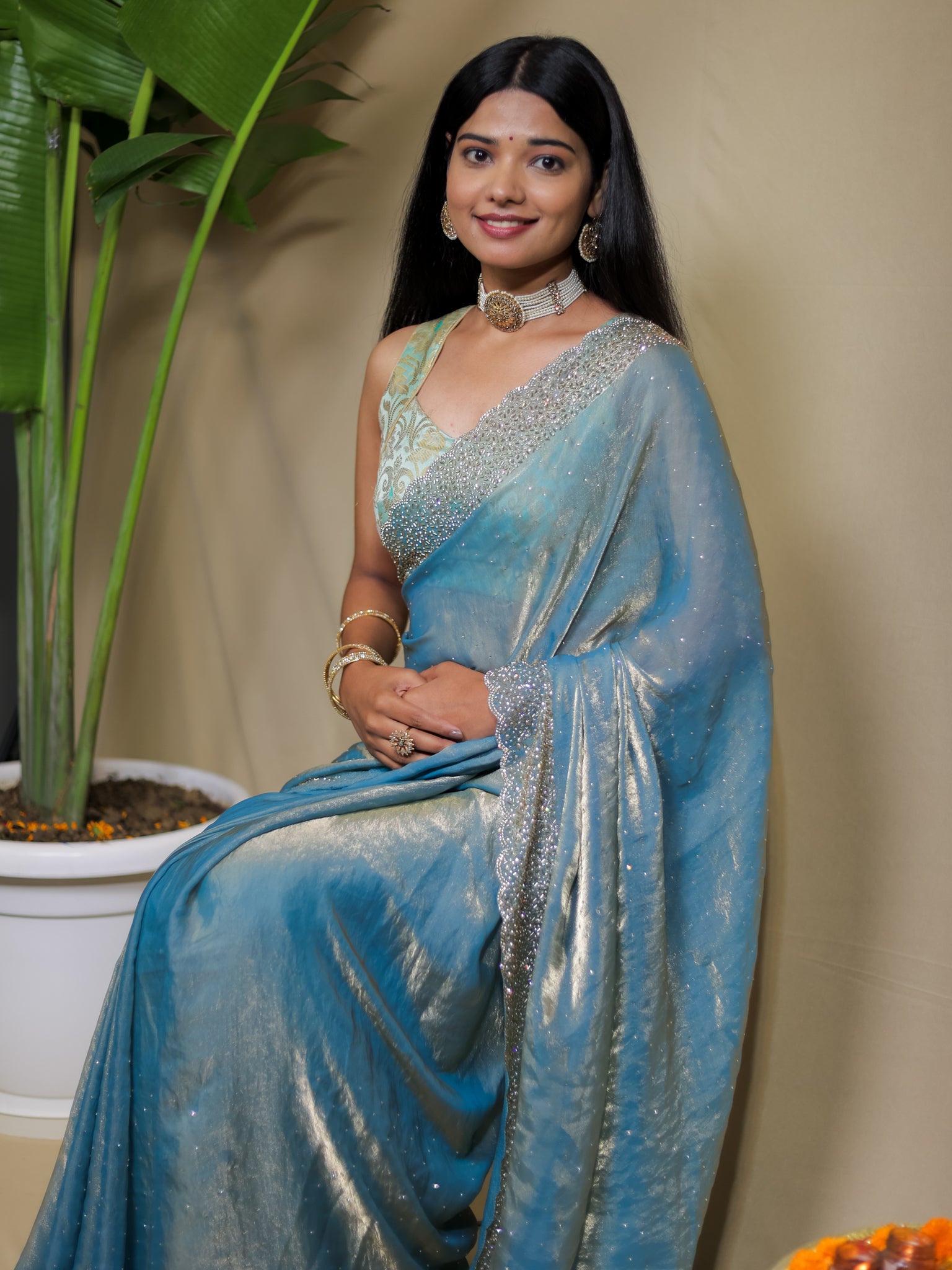 Tissue Sequin Saree - Blue