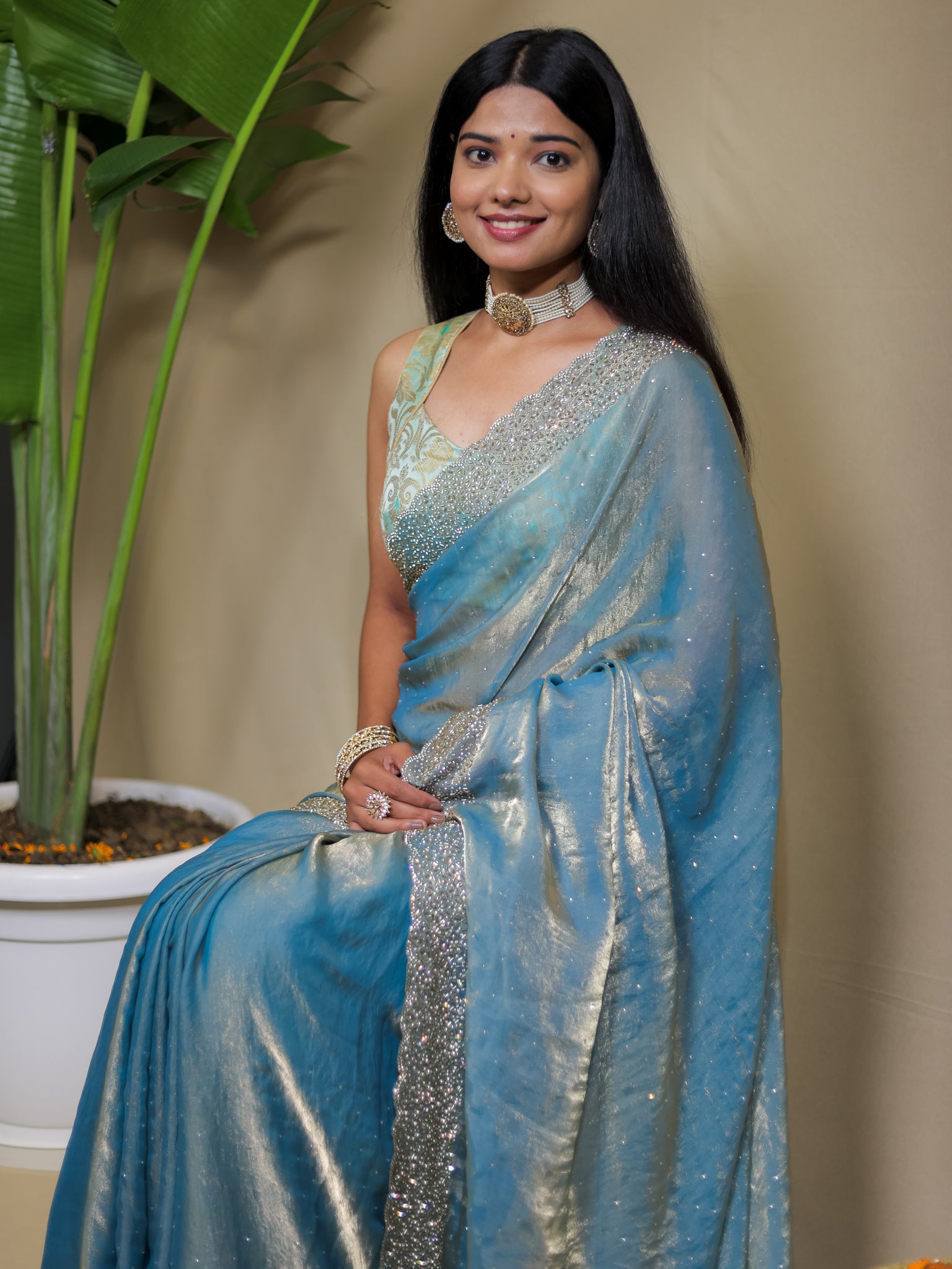 Tissue Sequin Saree - Blue
