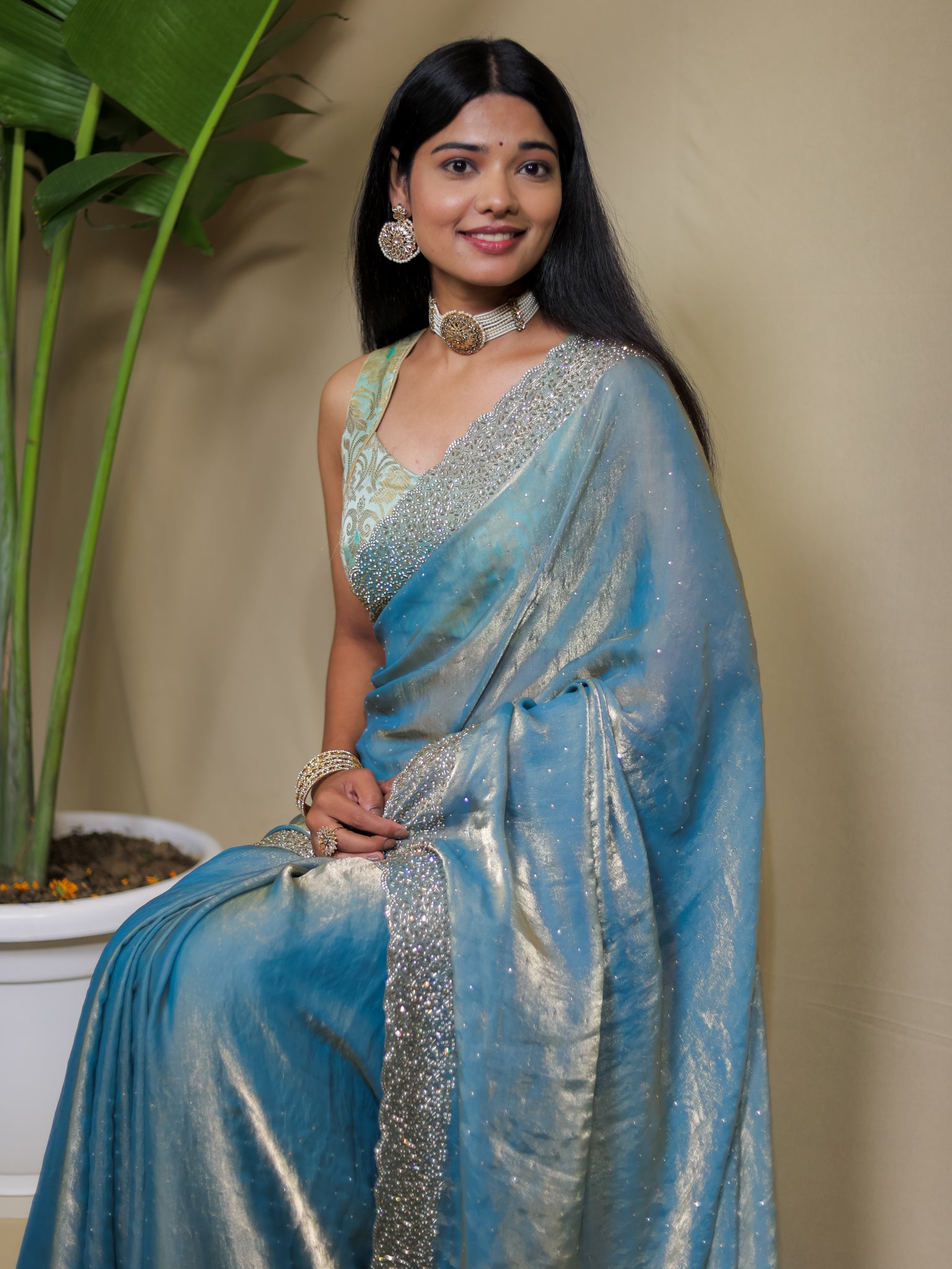 Tissue Sequin Saree - Blue