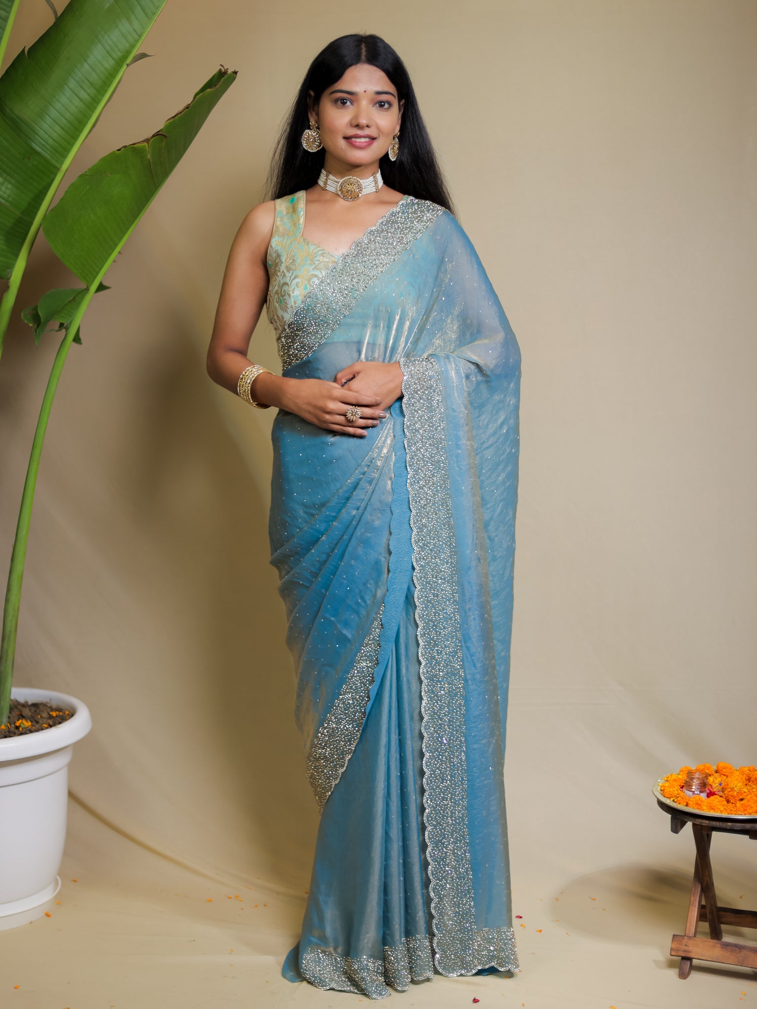 Tissue Sequin Saree - Blue