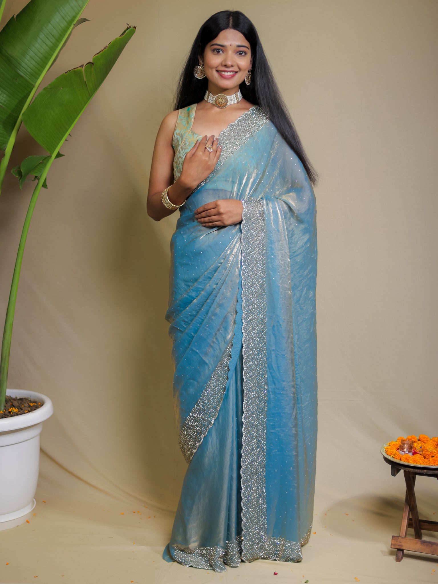 Tissue Sequin Saree - Blue