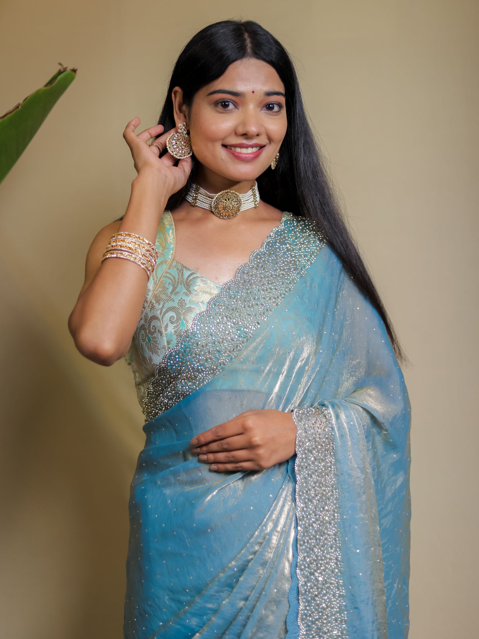 Tissue Sequin Saree - Blue