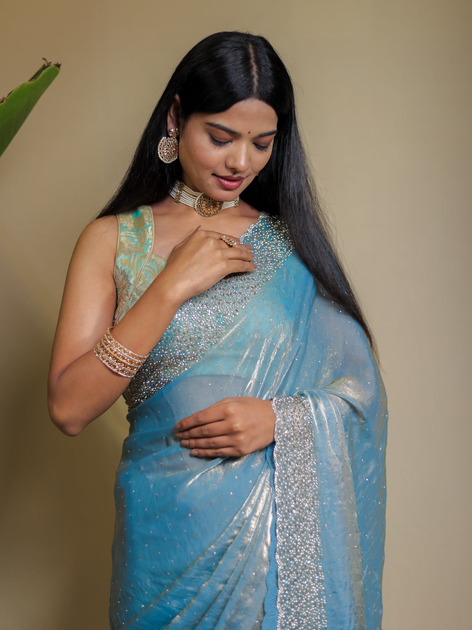 Tissue Sequin Saree - Blue