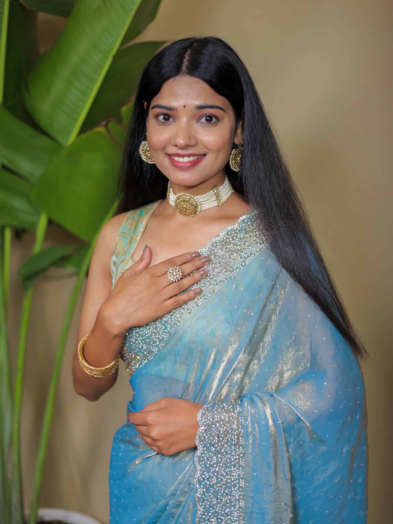 Tissue Sequin Saree - Blue