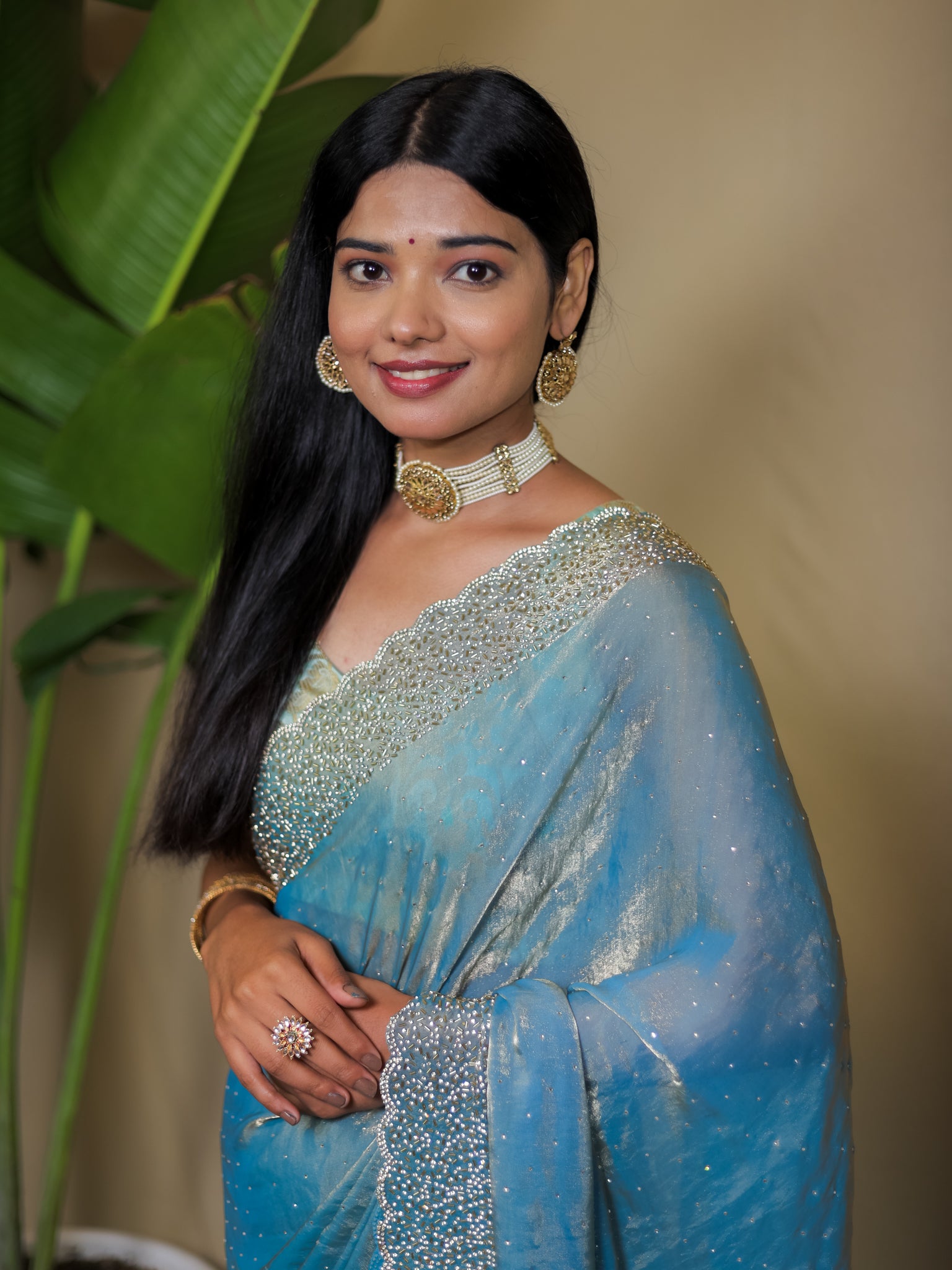 Tissue Sequin Saree - Blue