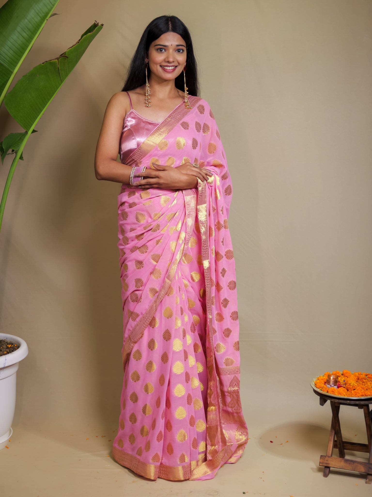 Banarasi Semi Chiffon Saree Gold Zari Floral Buti Weaving- Pink