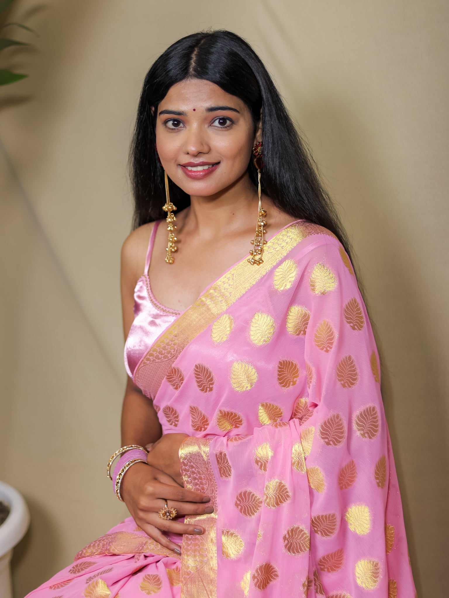 Banarasi Semi Chiffon Saree Gold Zari Floral Buti Weaving- Pink