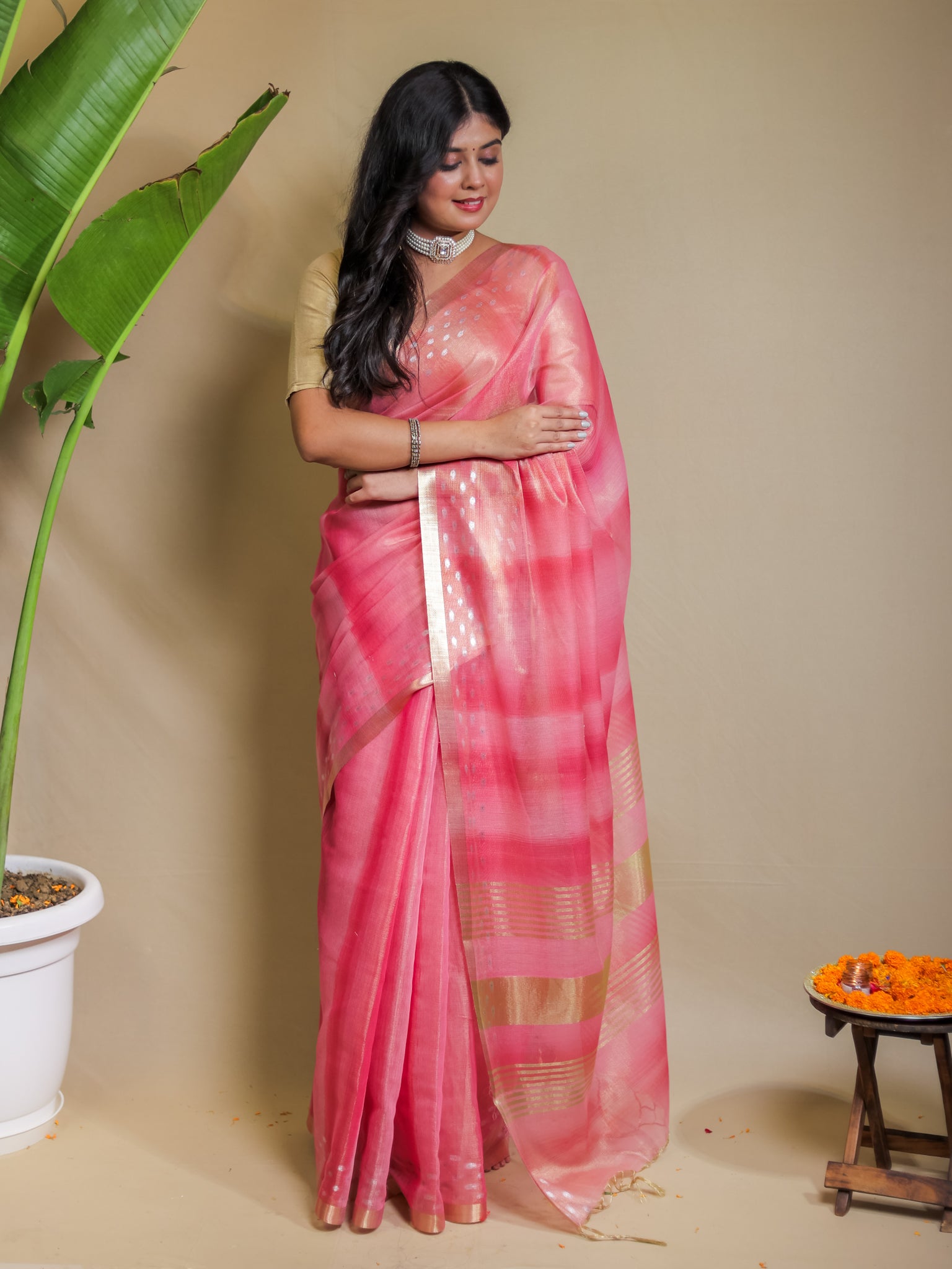 Banarasi Cotton Linen Saree With Resham Weaving & Zari Border-Pink