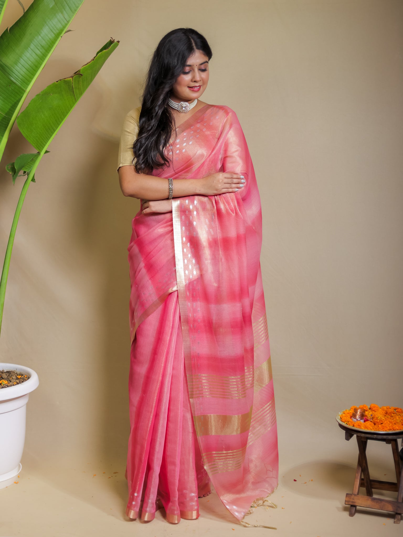 Banarasi Cotton Linen Saree With Resham Weaving & Zari Border-Pink