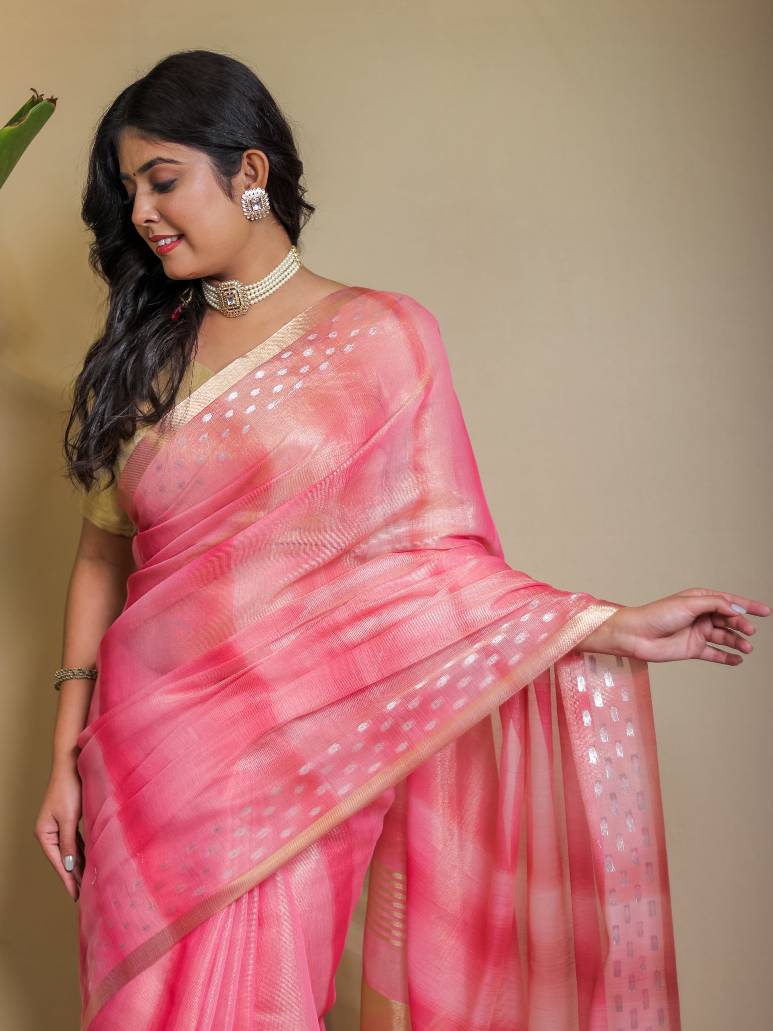Banarasi Cotton Linen Saree With Resham Weaving & Zari Border-Pink