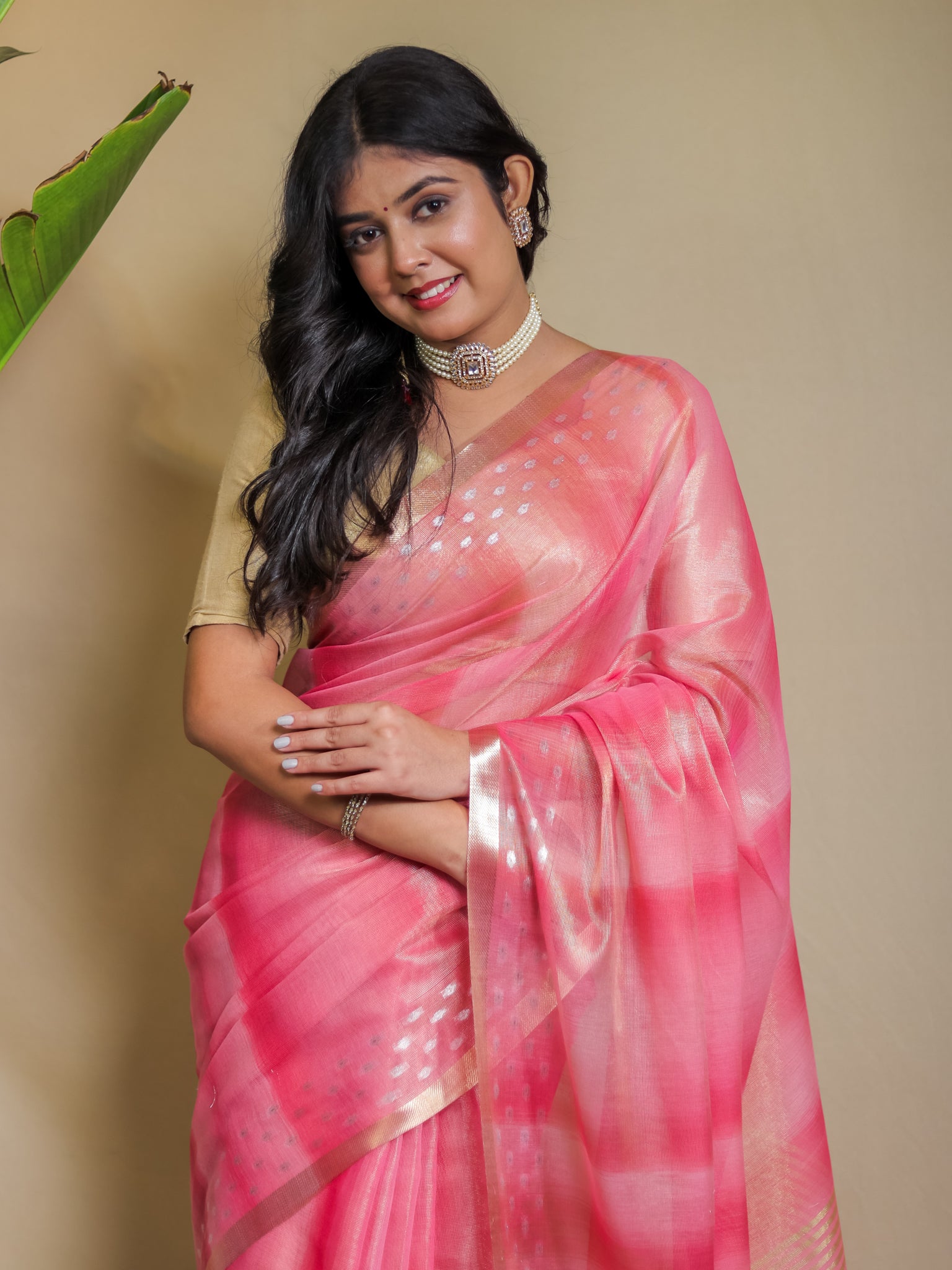 Banarasi Cotton Linen Saree With Resham Weaving & Zari Border-Pink