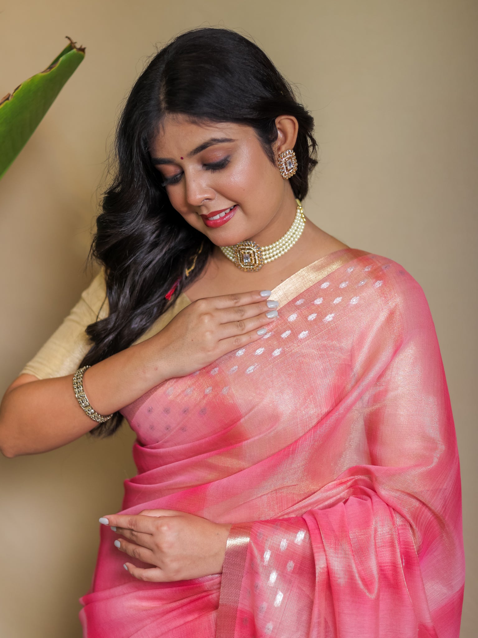 Banarasi Cotton Linen Saree With Resham Weaving & Zari Border-Pink