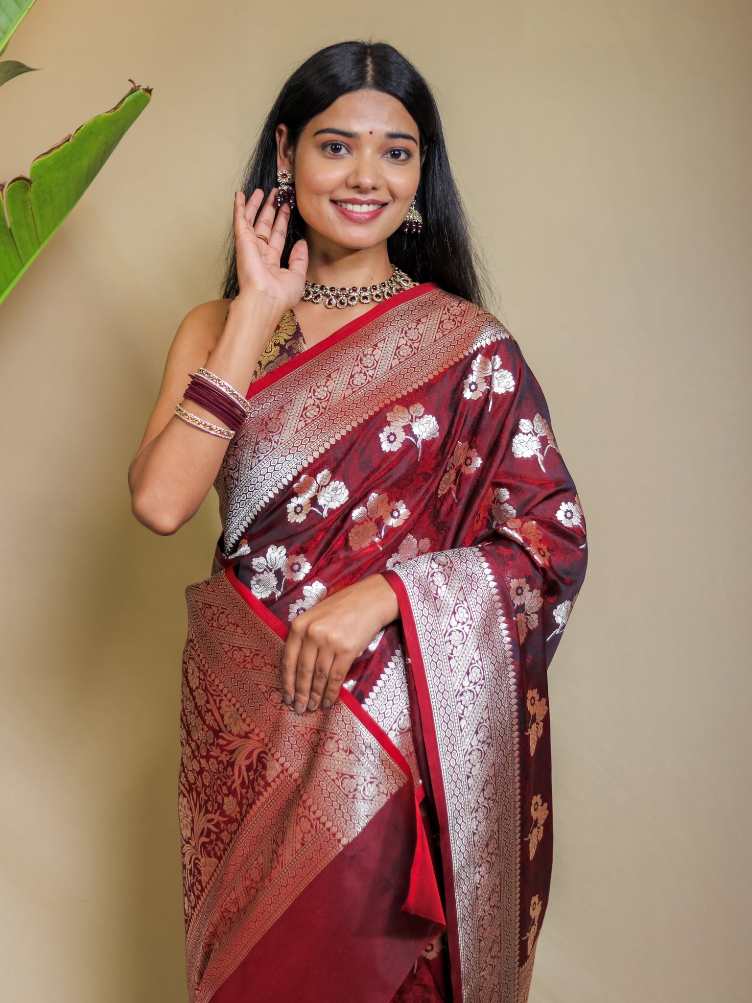 Banarasi Art Katan Silk Saree With Zari Buta Weaving & Tanchoi Weaving- Maroon